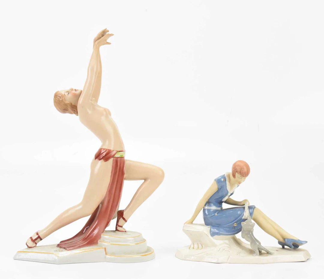 ELLY STROBACH FOR ROYAL DUX; two Art Deco figure groups...