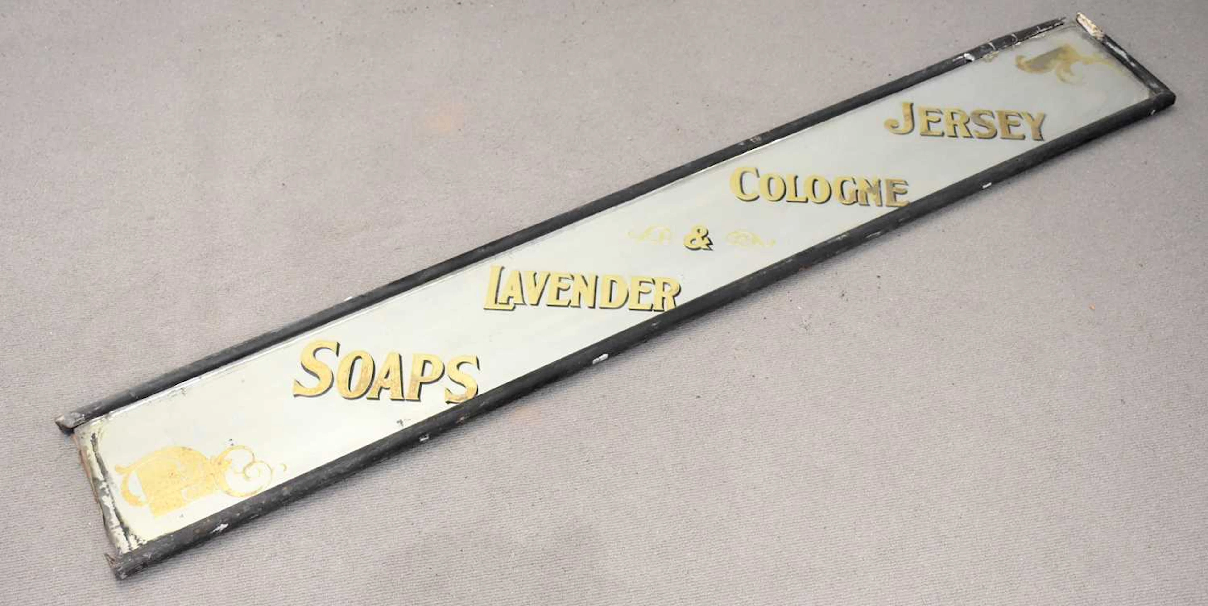A late 19th century original advertising shop mirror with gilt text 'Soaps
