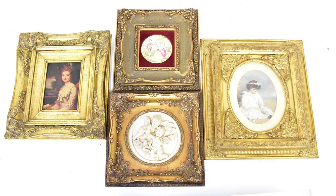 Four pictures comprising an oval print of a young girl