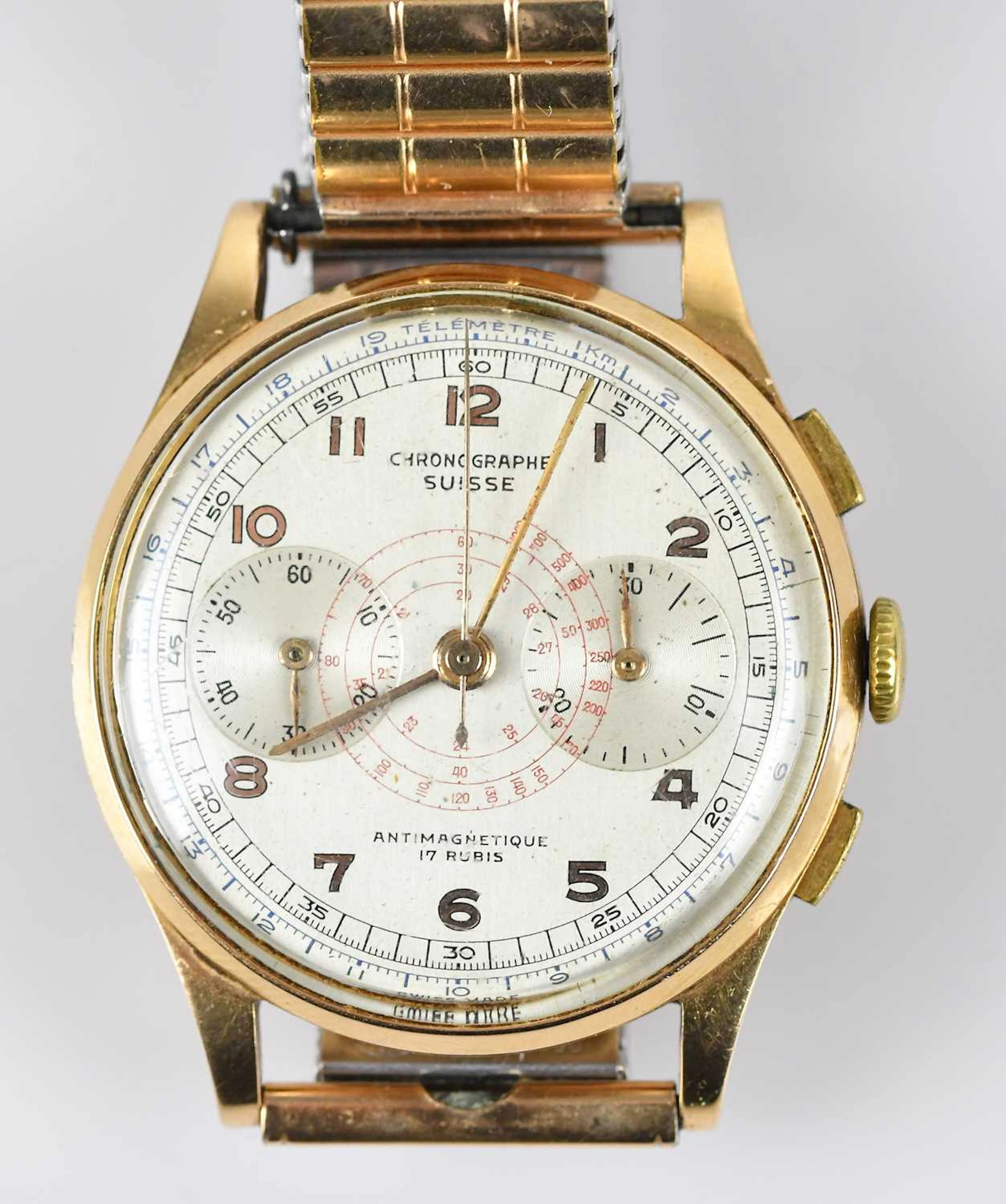CHRONOGRAPH SUISSE; a gentleman's 18ct gold cased anti-magnetic wristwatch