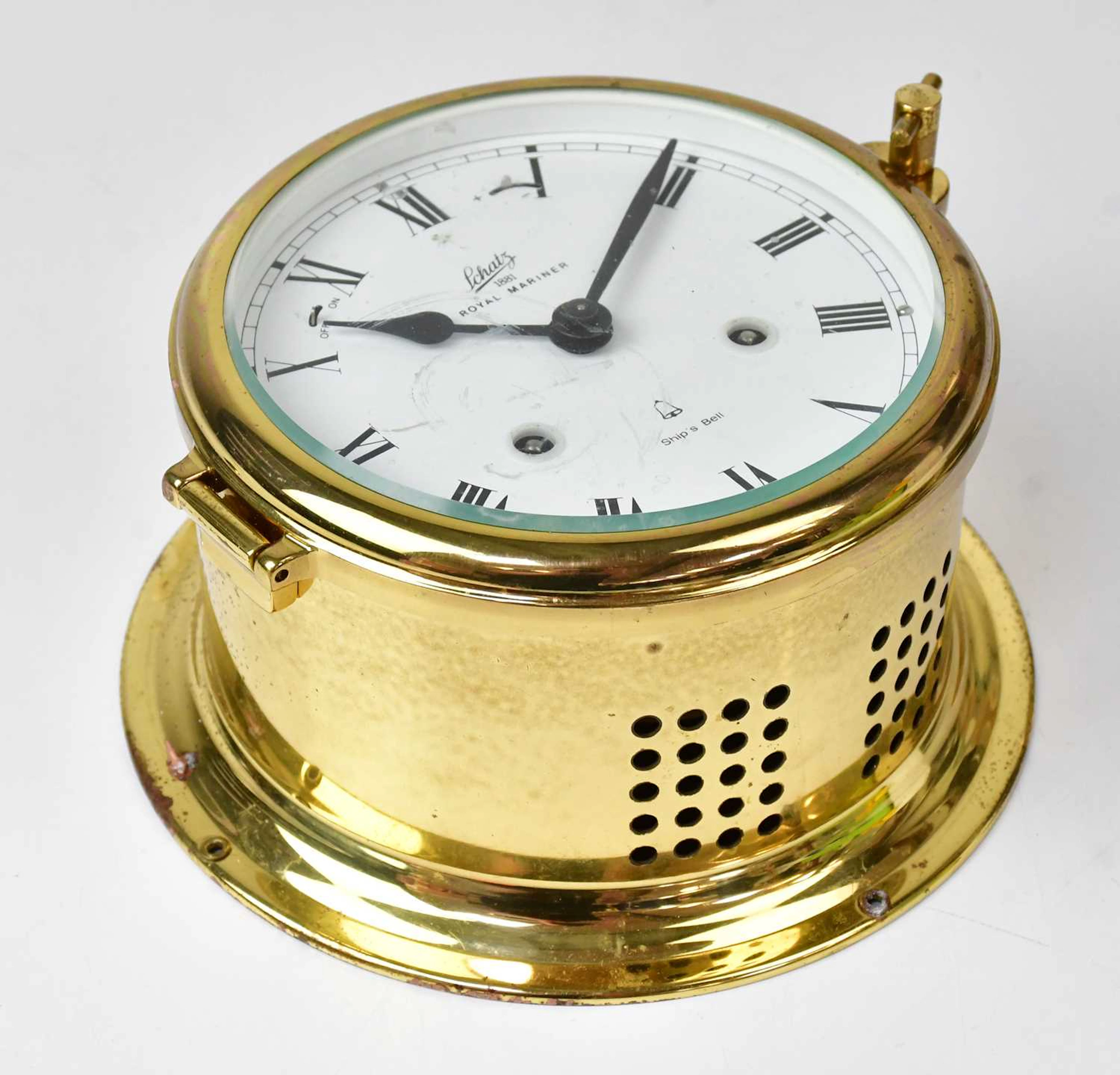 SCHATZ; a 20th century Royal Mariner brass bulkhead clock