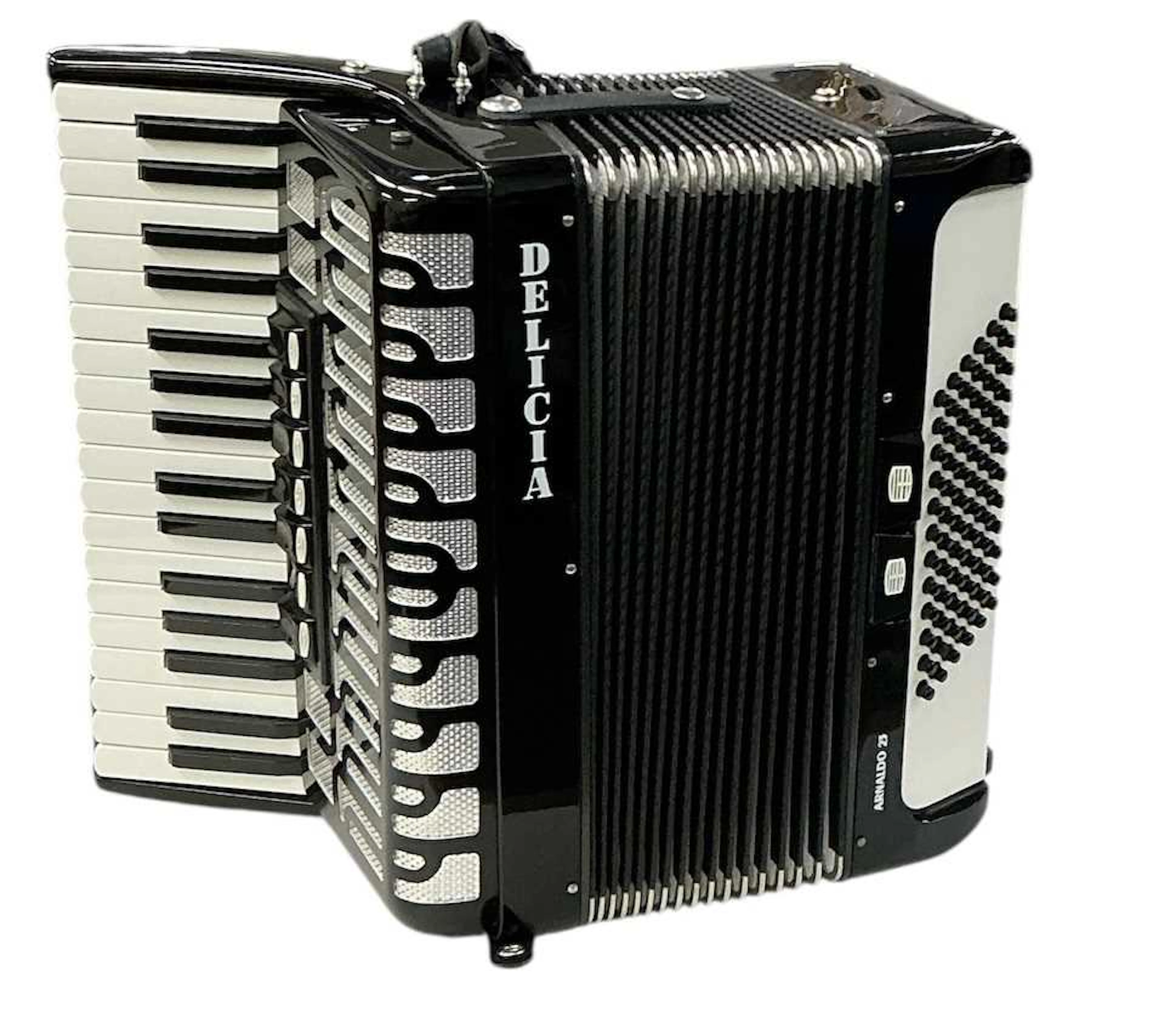 DELICIA; a cased vintage black and white 'Arnaldo 23' piano accordion
