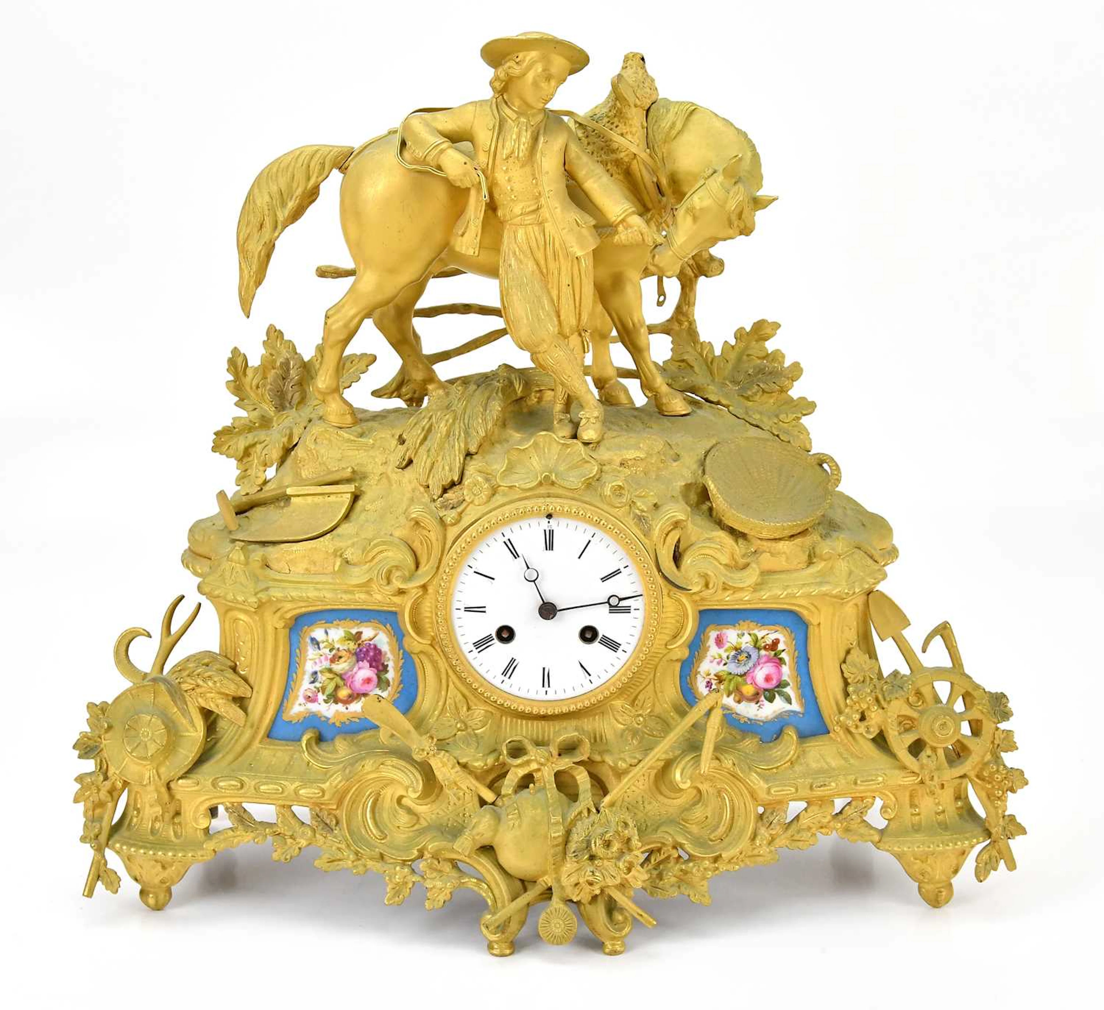 A French late 19th century ormolu and porcelain figural mantel clock