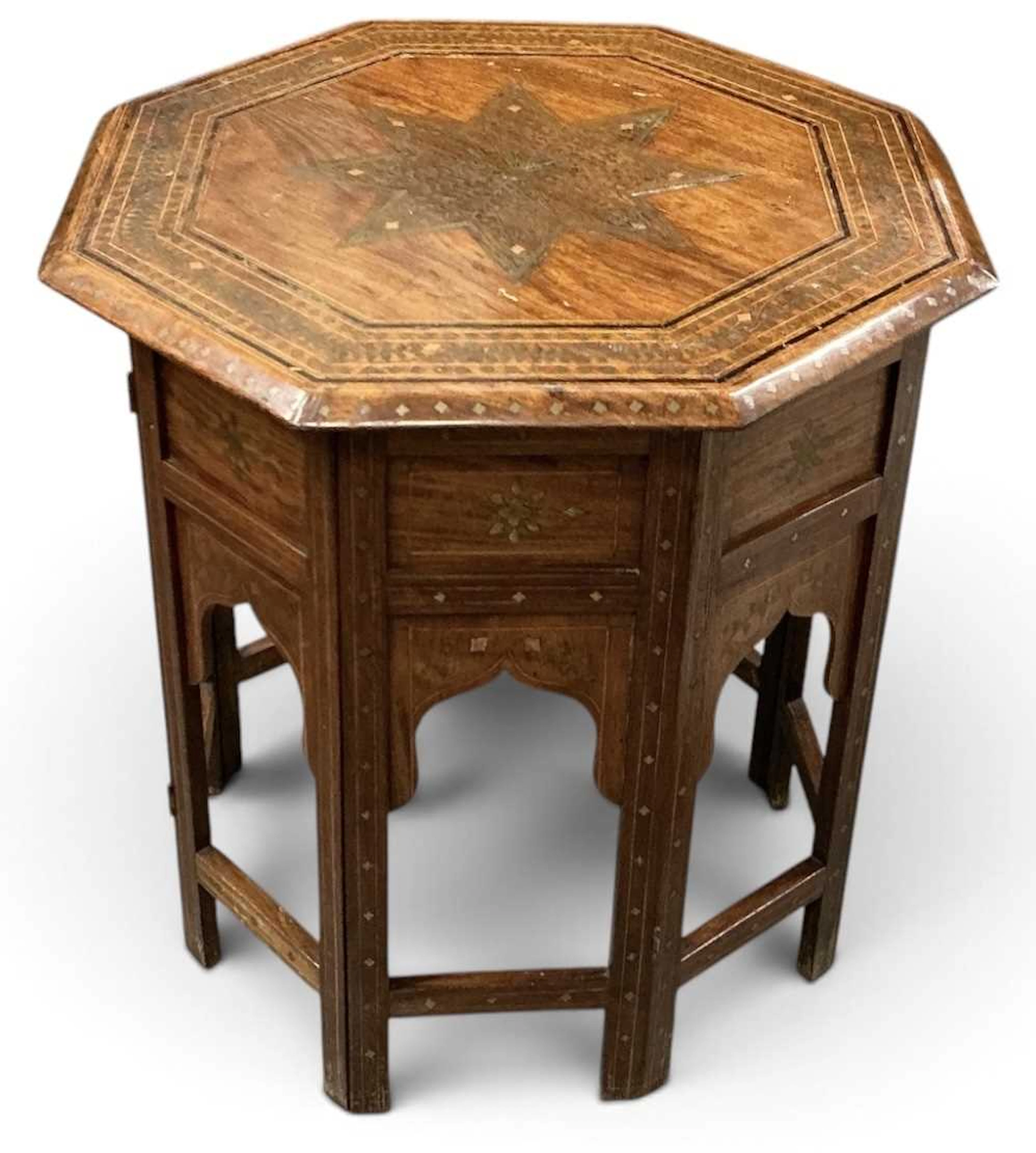 A late 19th century Anglo-Indian brass inlaid folding octagonal occasional table
