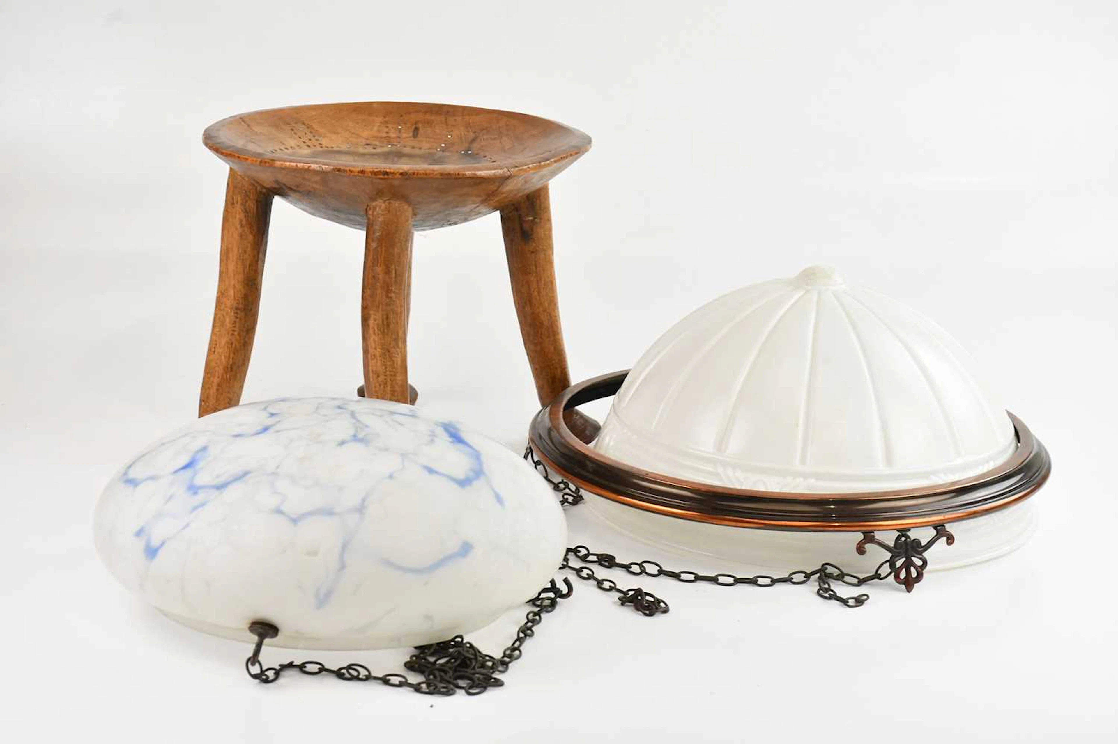 Two Art Deco frosted glass plafonniers and an Eastern stool (3)