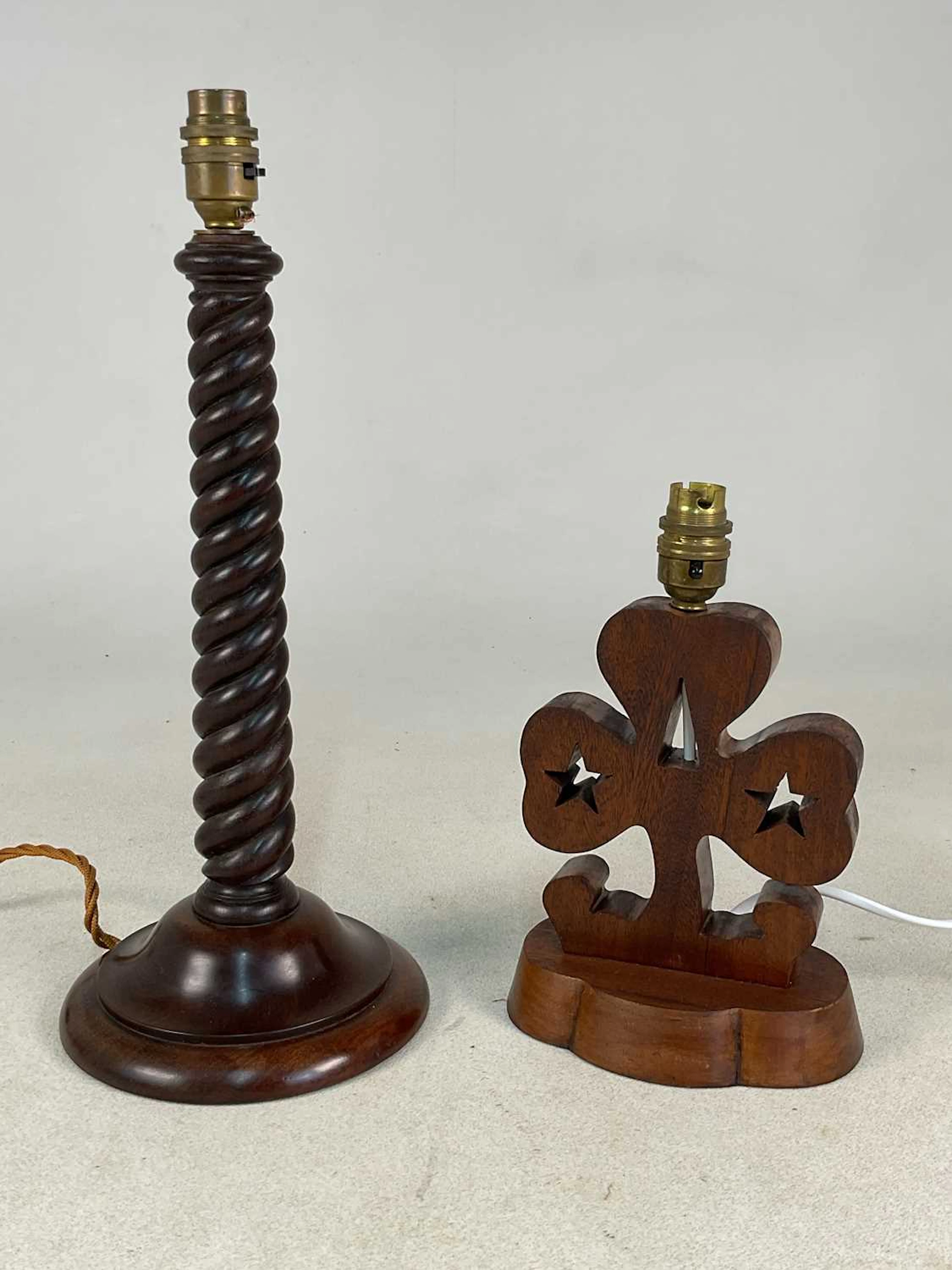 A mahogany barley twist column table lamp