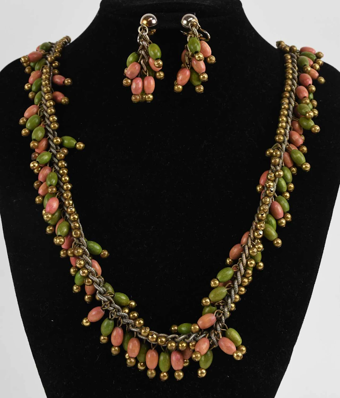 CASTLECLIFF; a vintage gold plated wooden bead tassel drop necklace