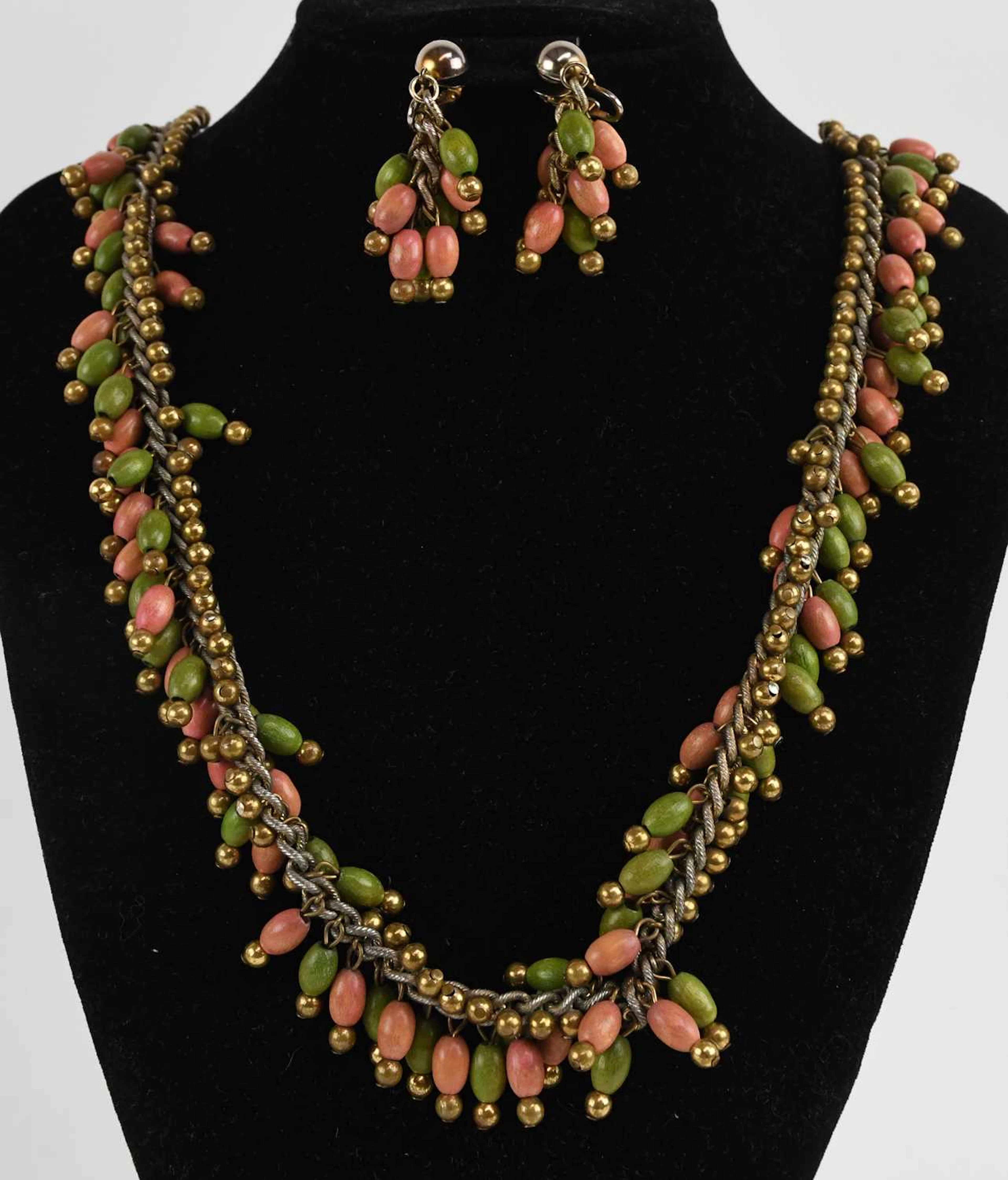 CASTLECLIFF; a vintage gold plated wooden bead tassel drop necklace