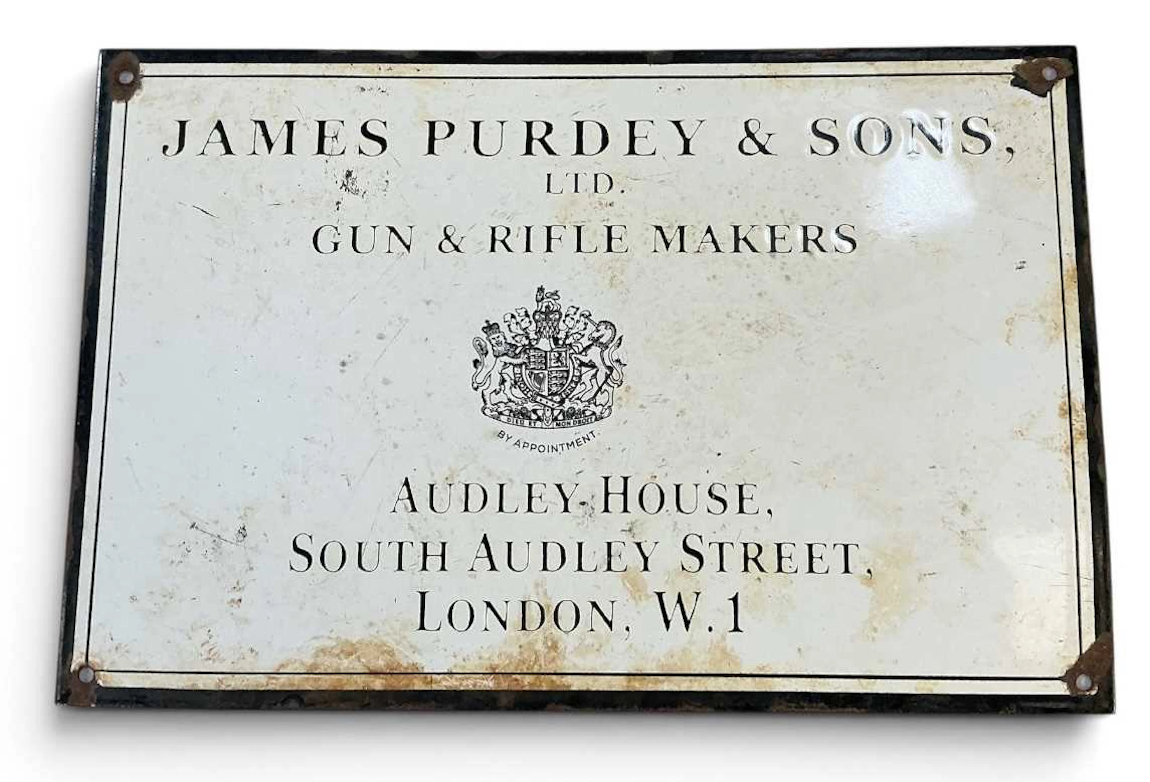 A vintage enamelled advertising sign for James Purdey & Sons Ltd