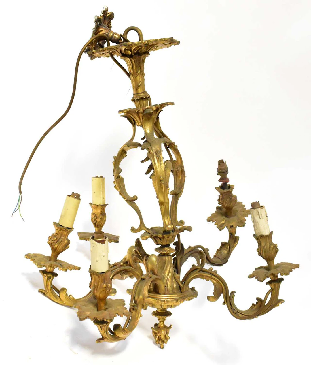 A cast metal five-branch electrolier in the Rococo manner