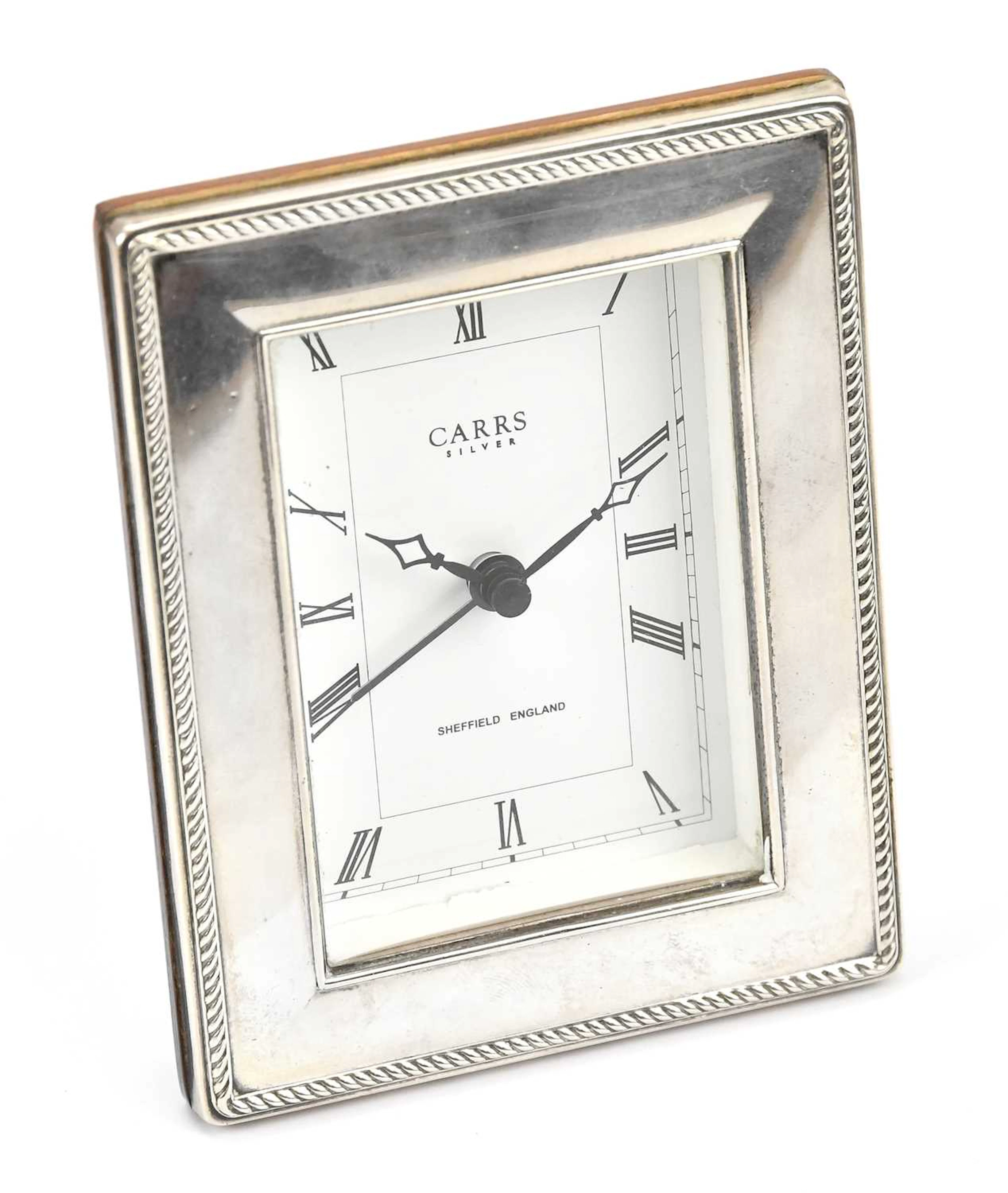 CARRS SILVER; a modern hallmarked silver framed and wooden clock