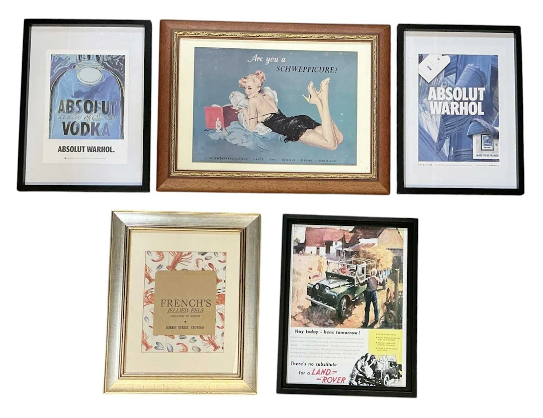 Five assorted vintage advertising posters and signs