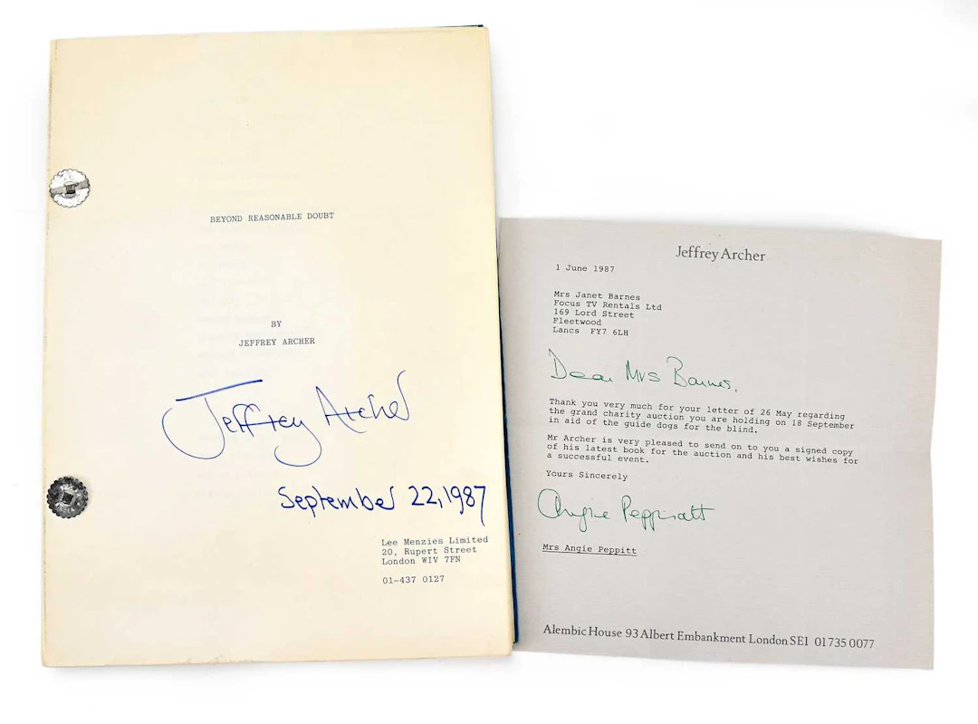 JEFFREY ARCHER (1940-2026); a typed copy of his first...