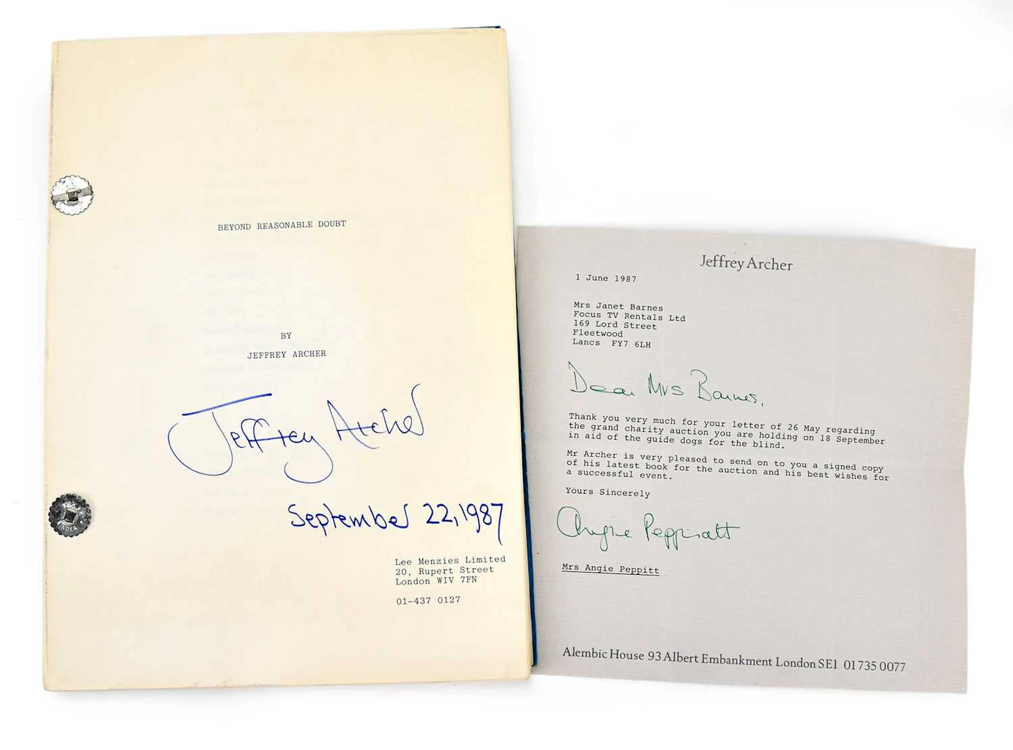 JEFFREY ARCHER (1940-2026); a typed copy of his first...