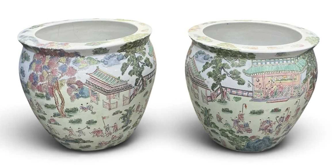 A large pair of modern Chinese hand painted Famille Rose...