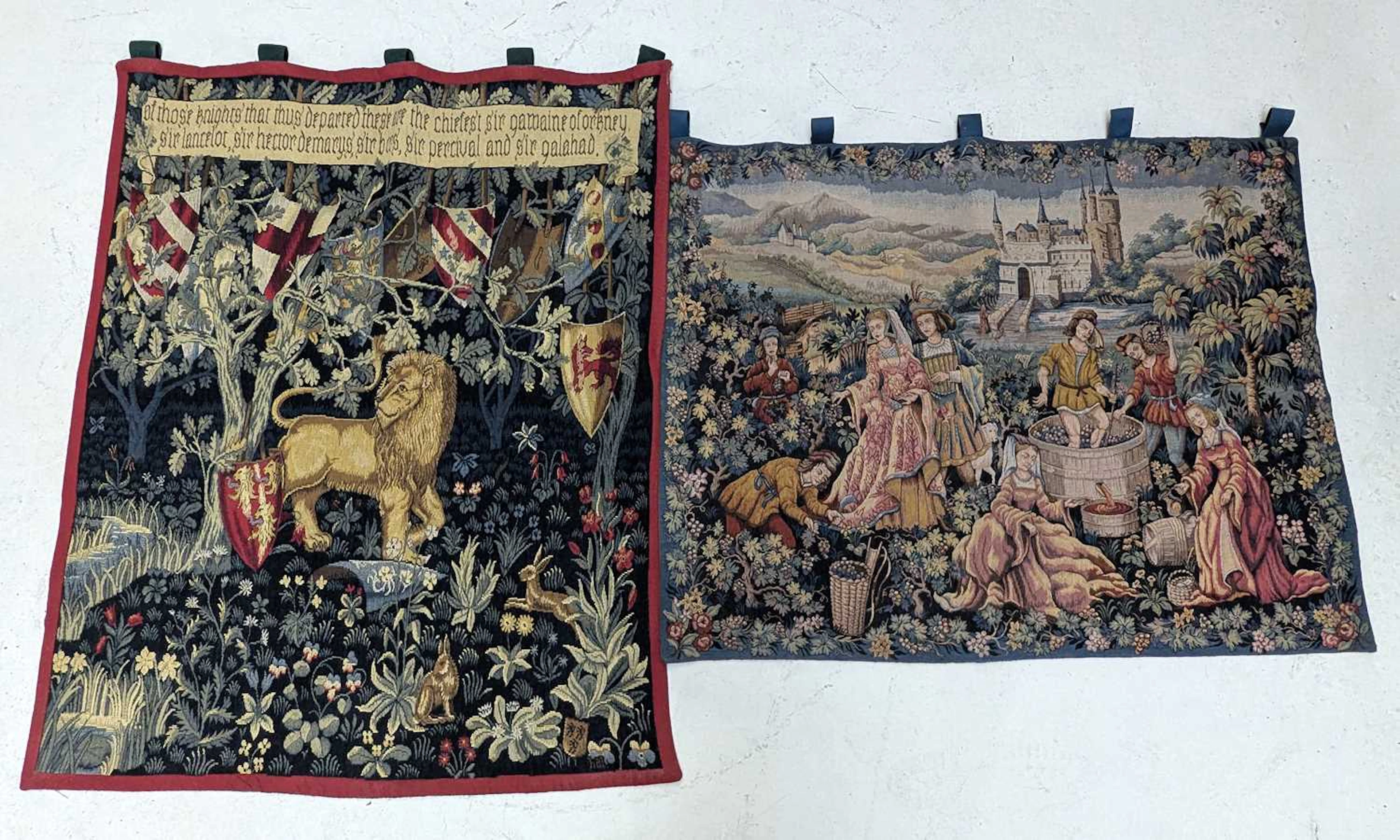 Two machine woven tapestry wall hangings
