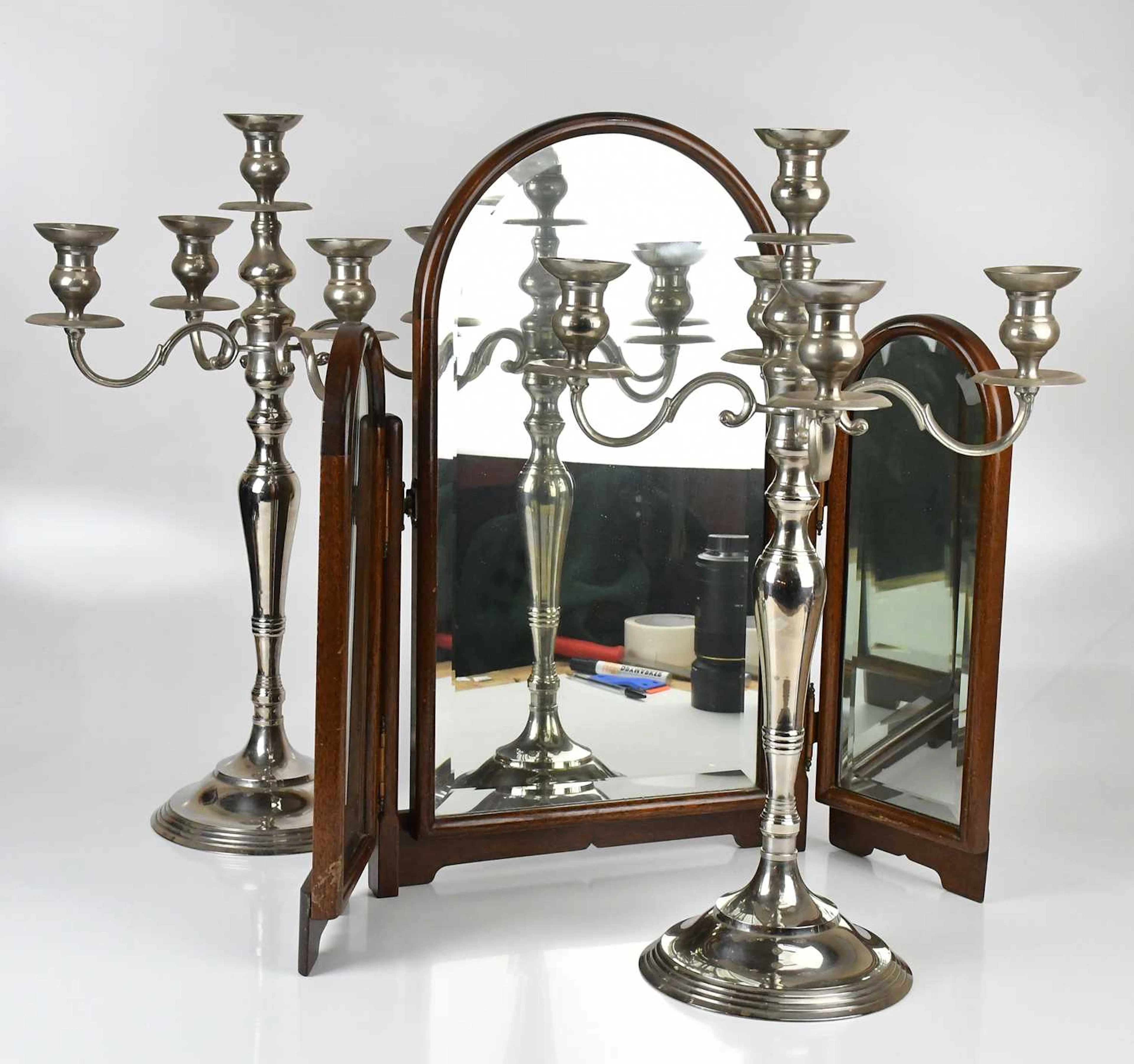 A walnut triptych dressing table mirror
