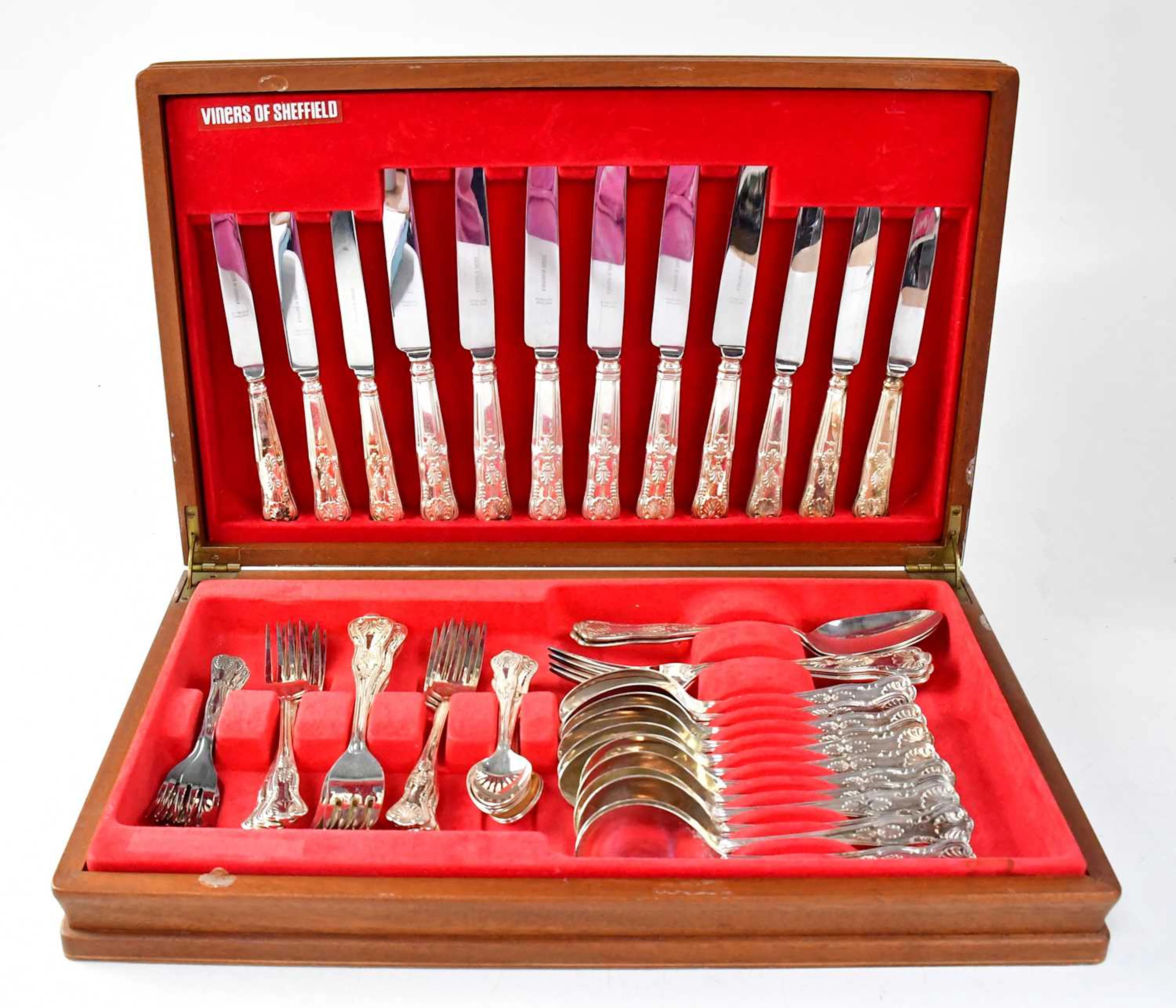 VINERS; a boxed silver plated 'Kings' pattern six-setting cutlery service