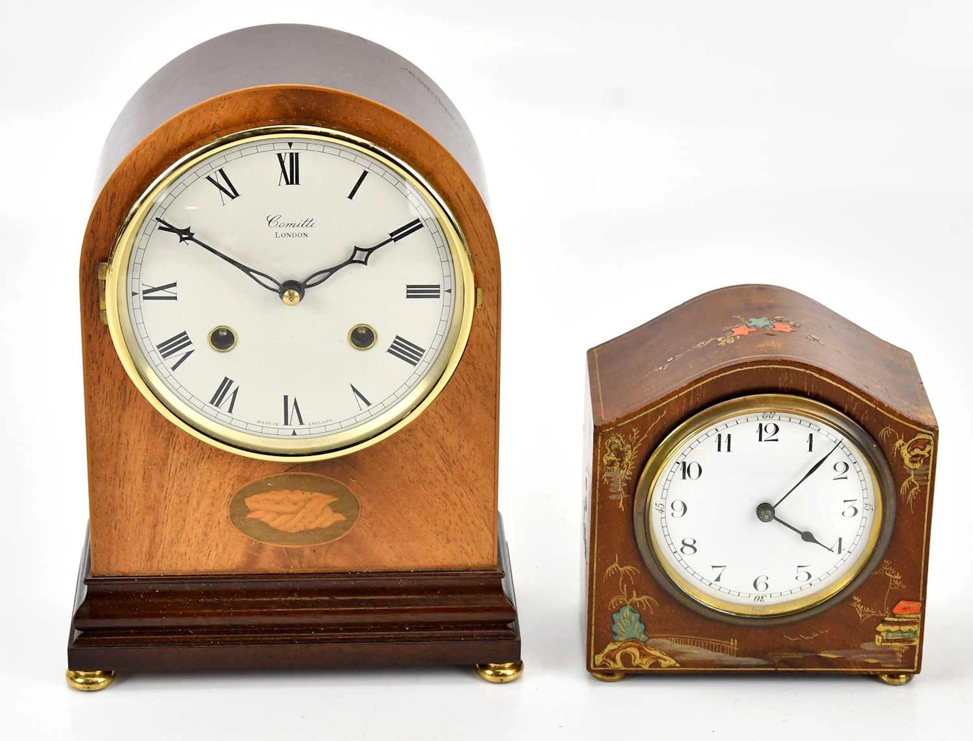 COMITTI; a mahogany cased mantel with white enamel dial set with Roman numerals