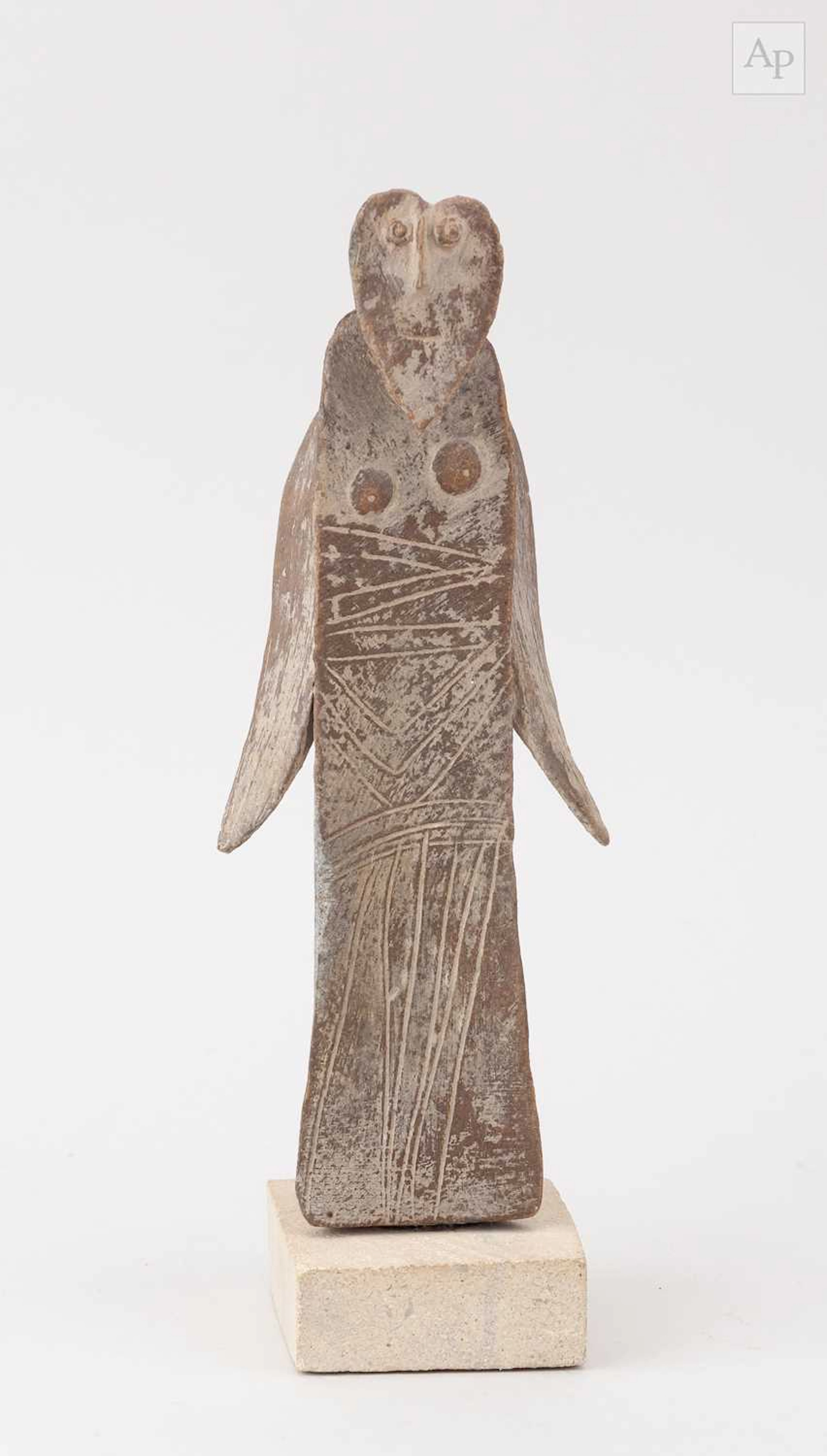 JOHN MALTBY (1936-2020); a stoneware sculpture of an angel on a stone base