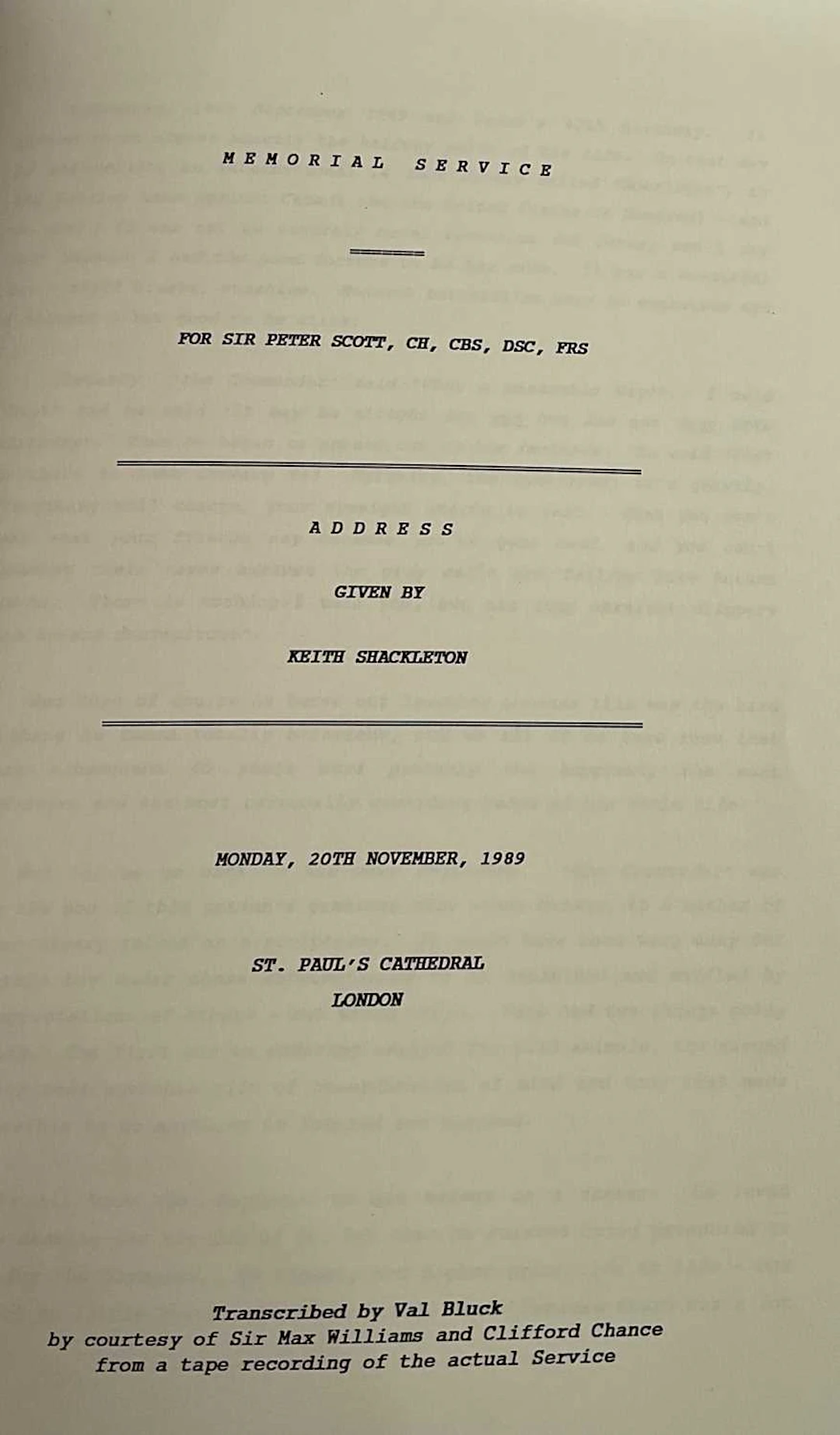 The Address given by Kevin Shackleton at the Memorial Service of Sir Peter Scott