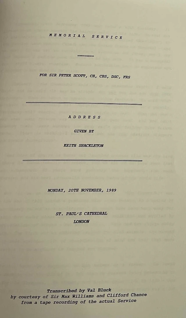 The Address given by Kevin Shackleton at the Memorial Service of Sir Peter Scott