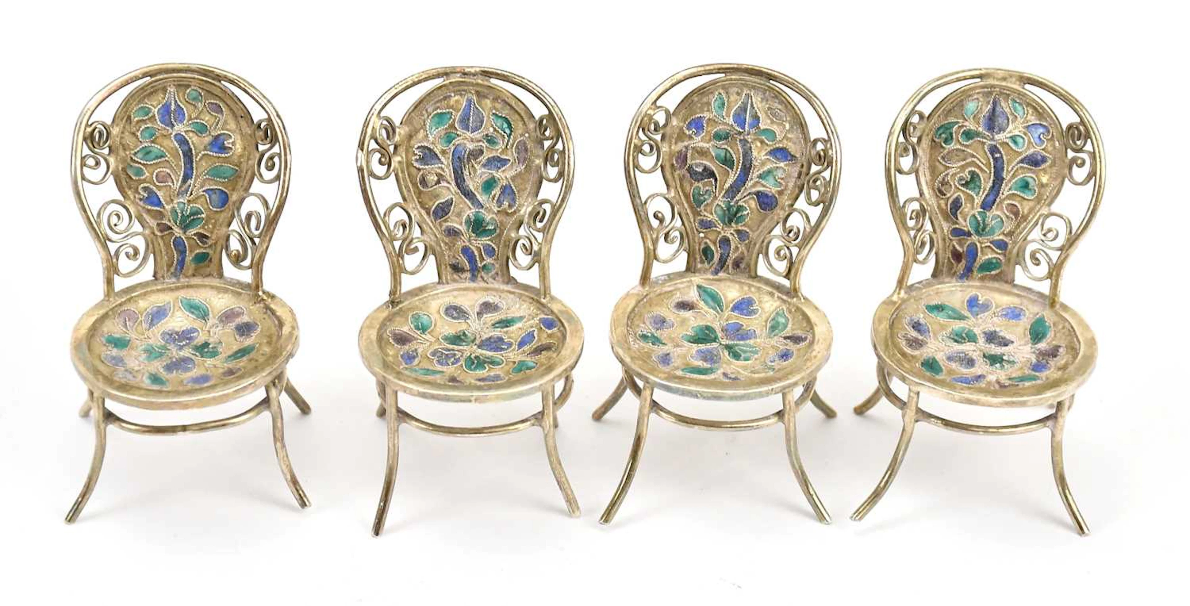 Four white metal and enamel miniature Thonet style chairs