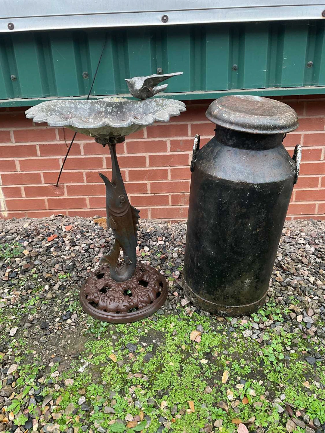 A metal bird bath