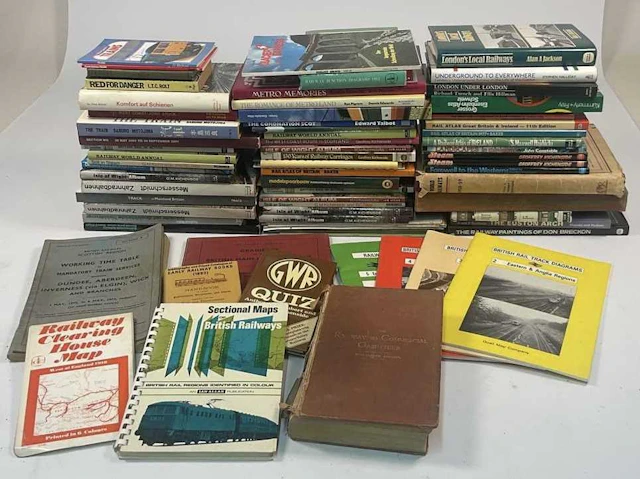A collection of approximately fifty-eight railway books
