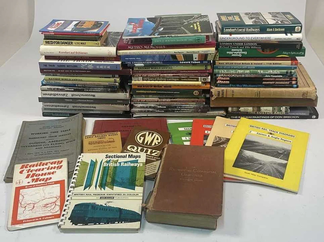 A collection of approximately fifty-eight railway books