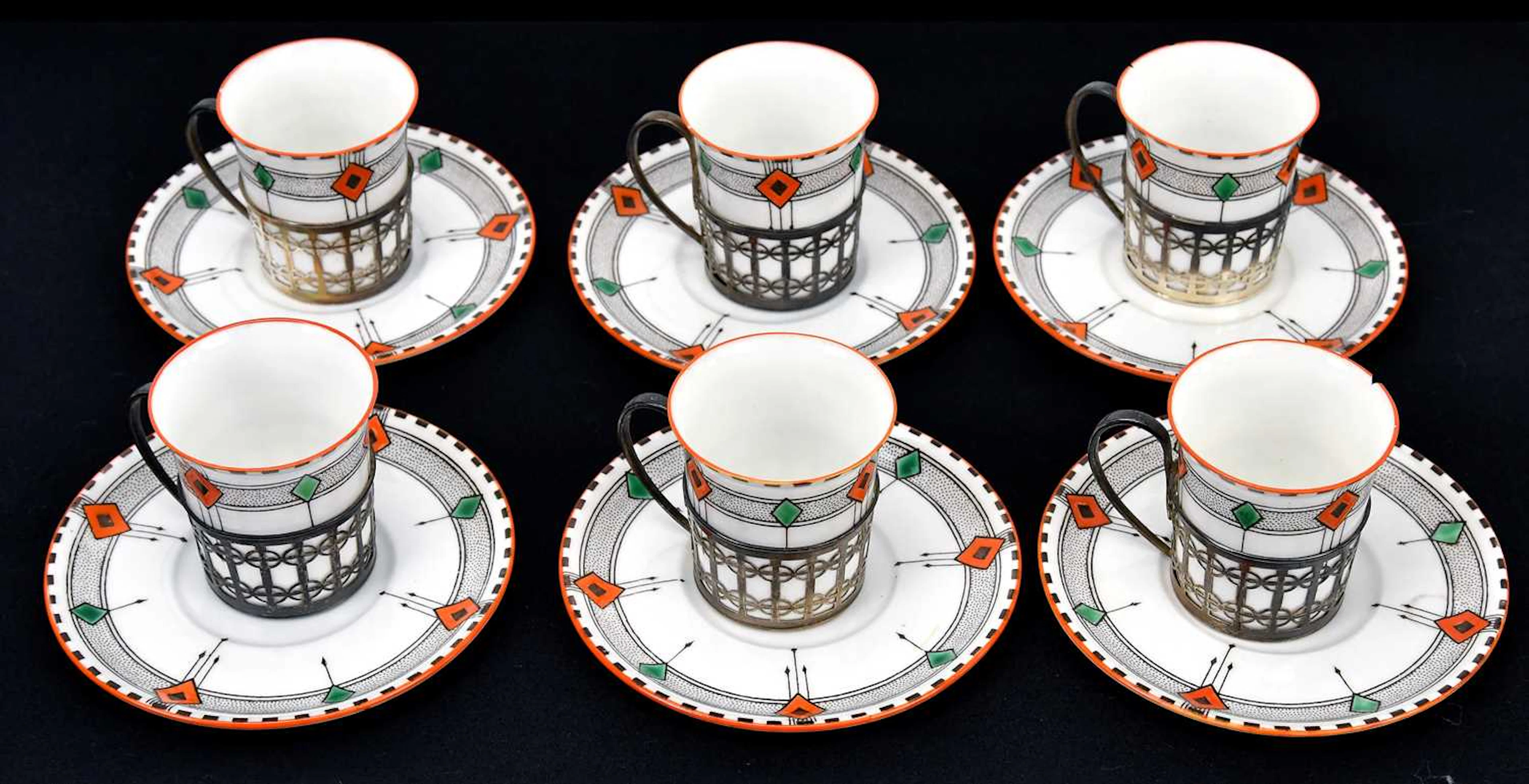 SHELLEY; a set of six Art Deco coffee cups and saucers...