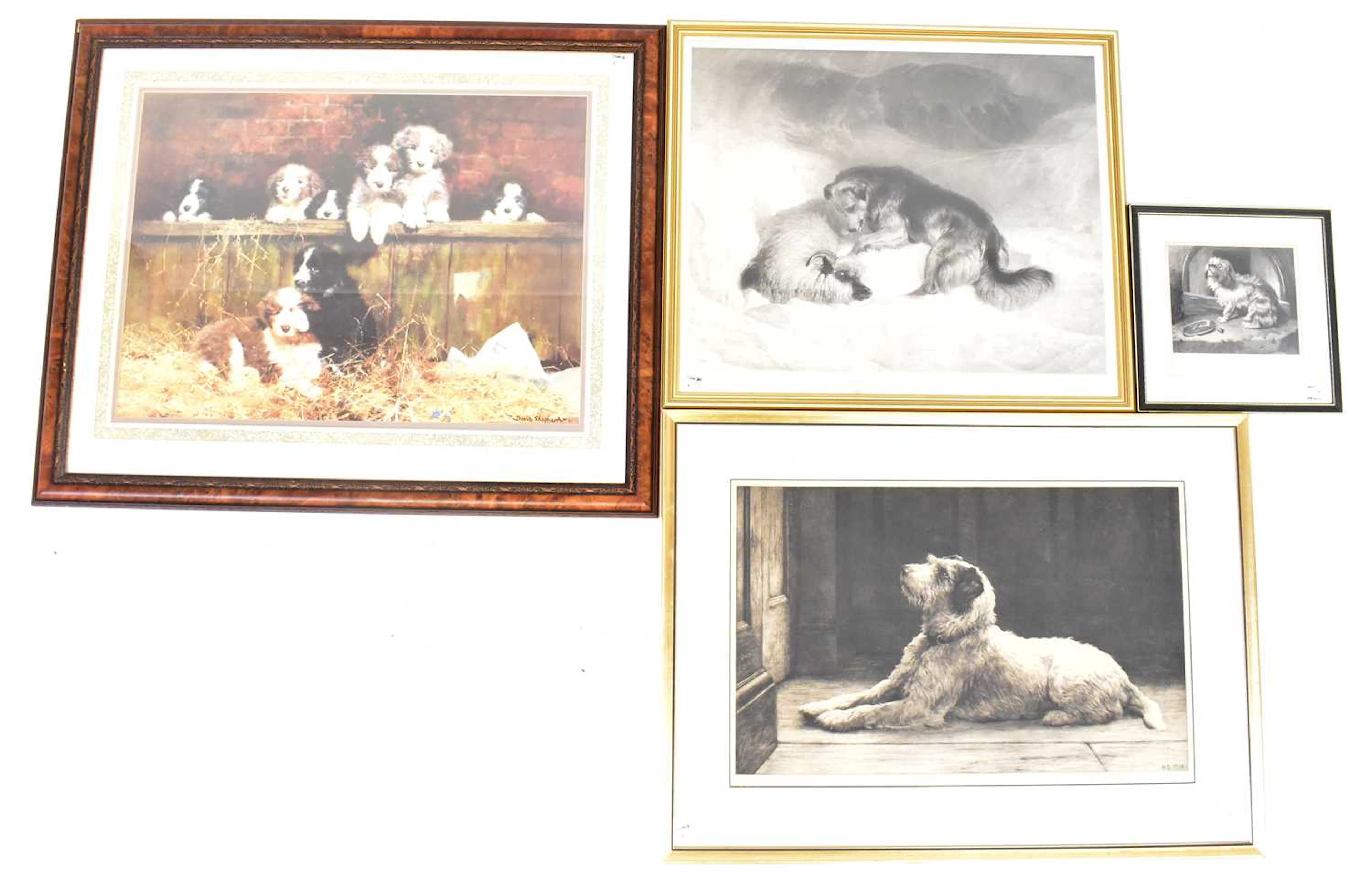 Four prints relating to dogs comprising two engravings after Sir Edwin Landseer