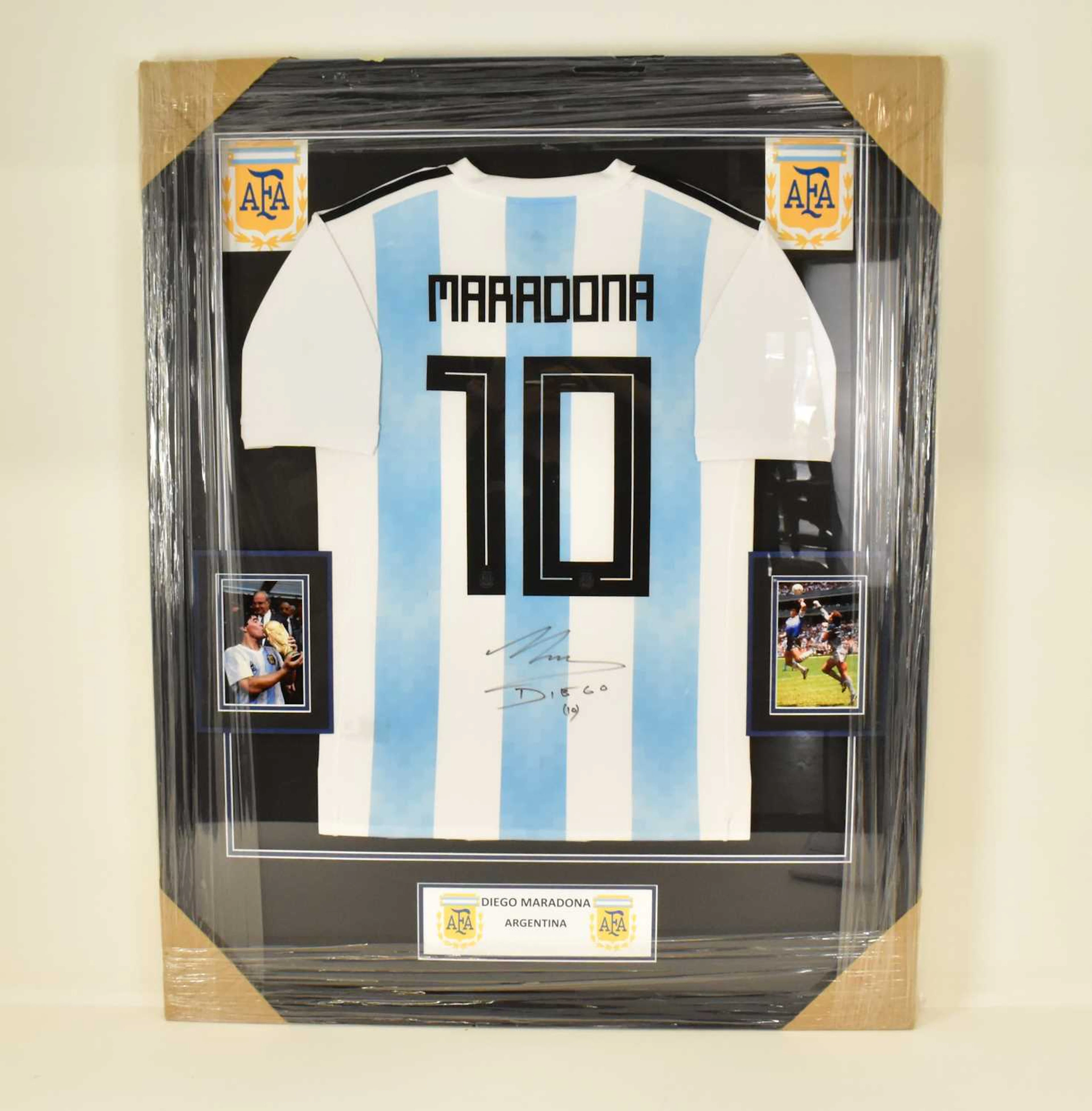 DIEGO MARADONA; a framed display featuring a replica no