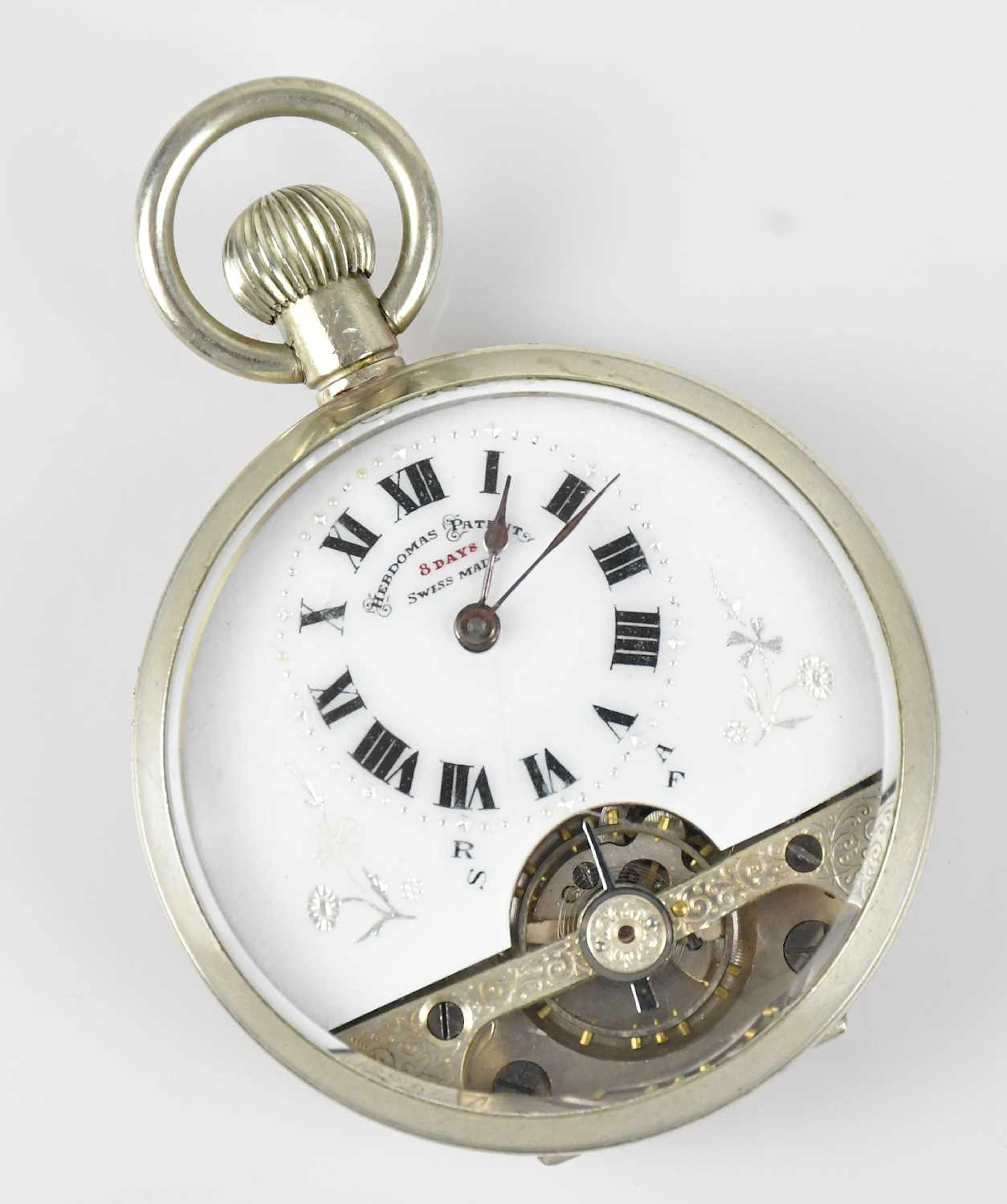 HEBDOMAS PATENT; a rare crown wind nickel plated open faced pocket watch