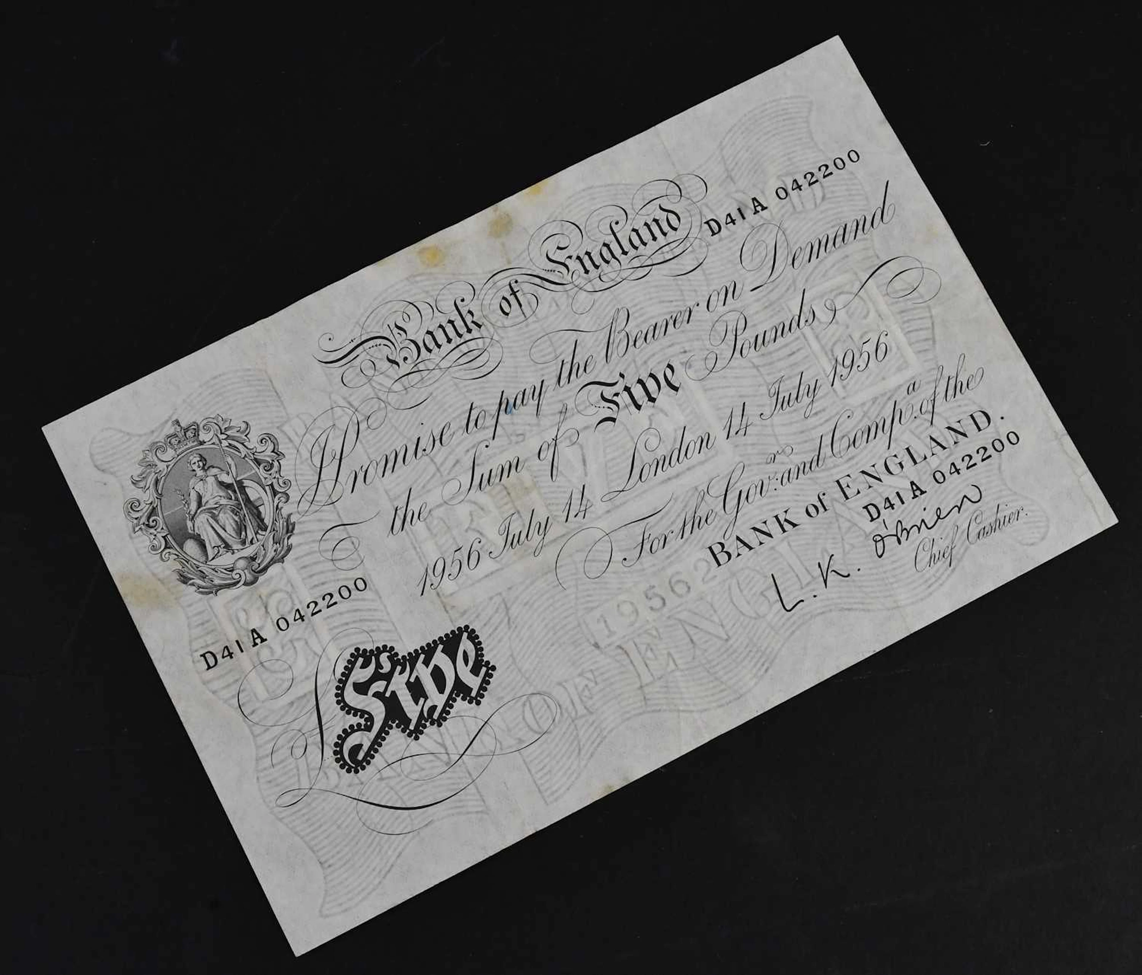 BANK OF ENGLAND; an L K O'Brien white £5 note