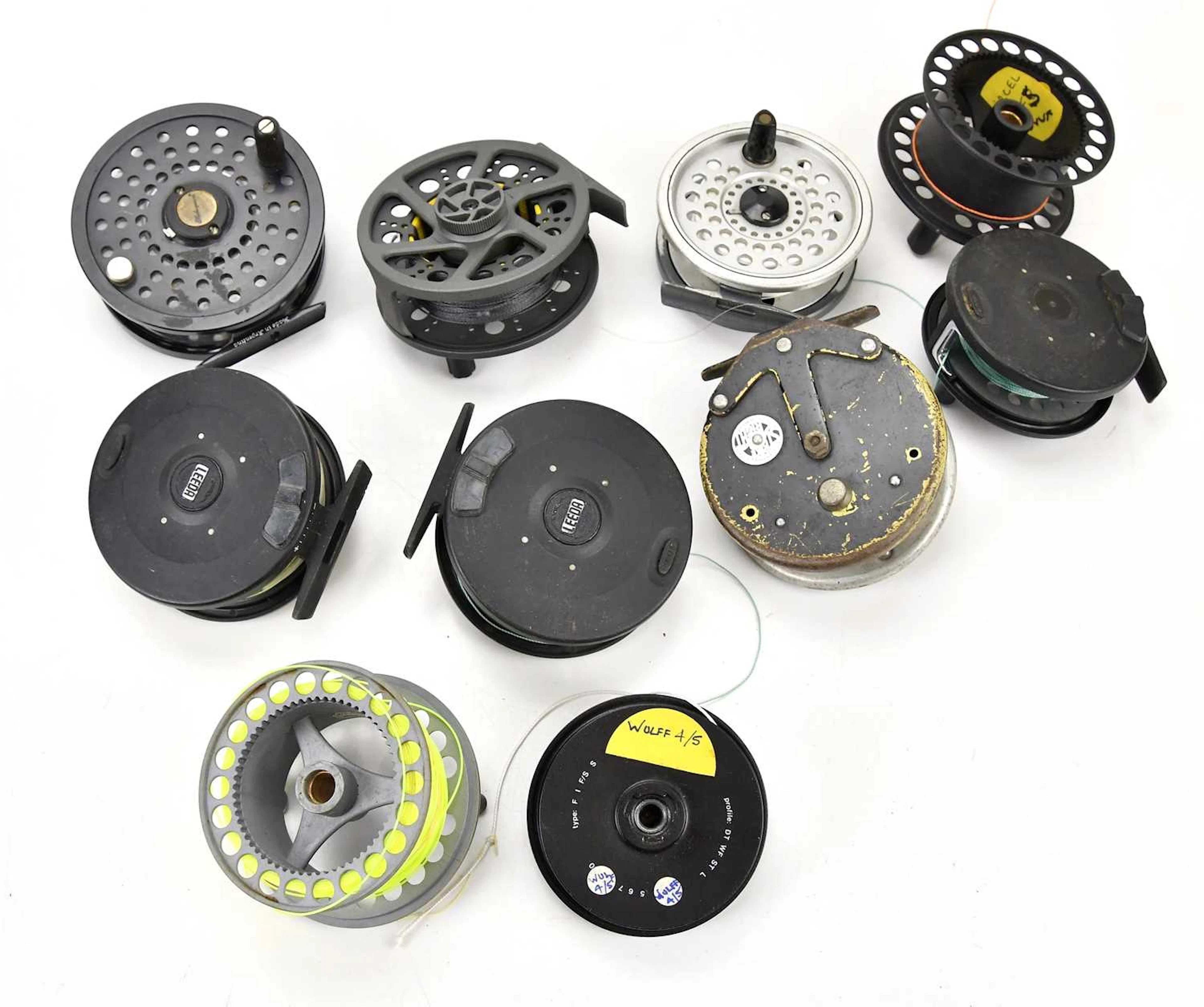 A collection of fishing reels
