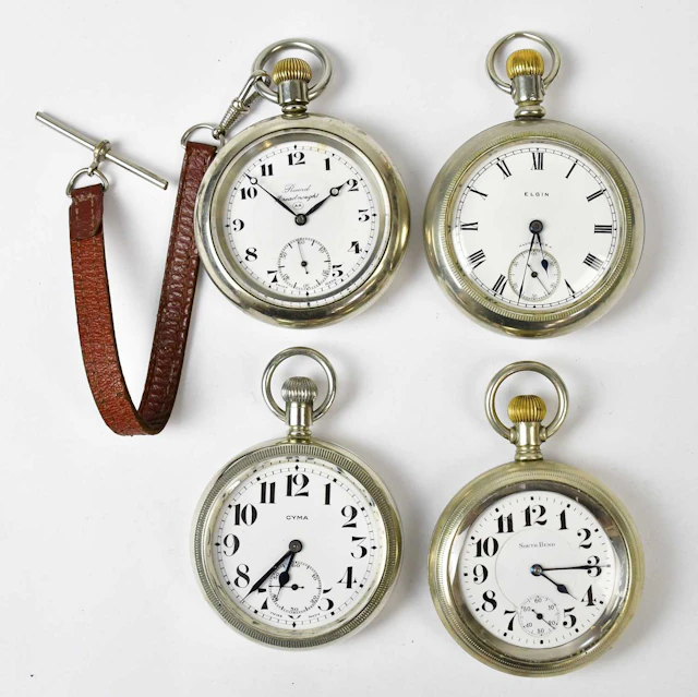Four silver-plated open face crown wind pocket watches