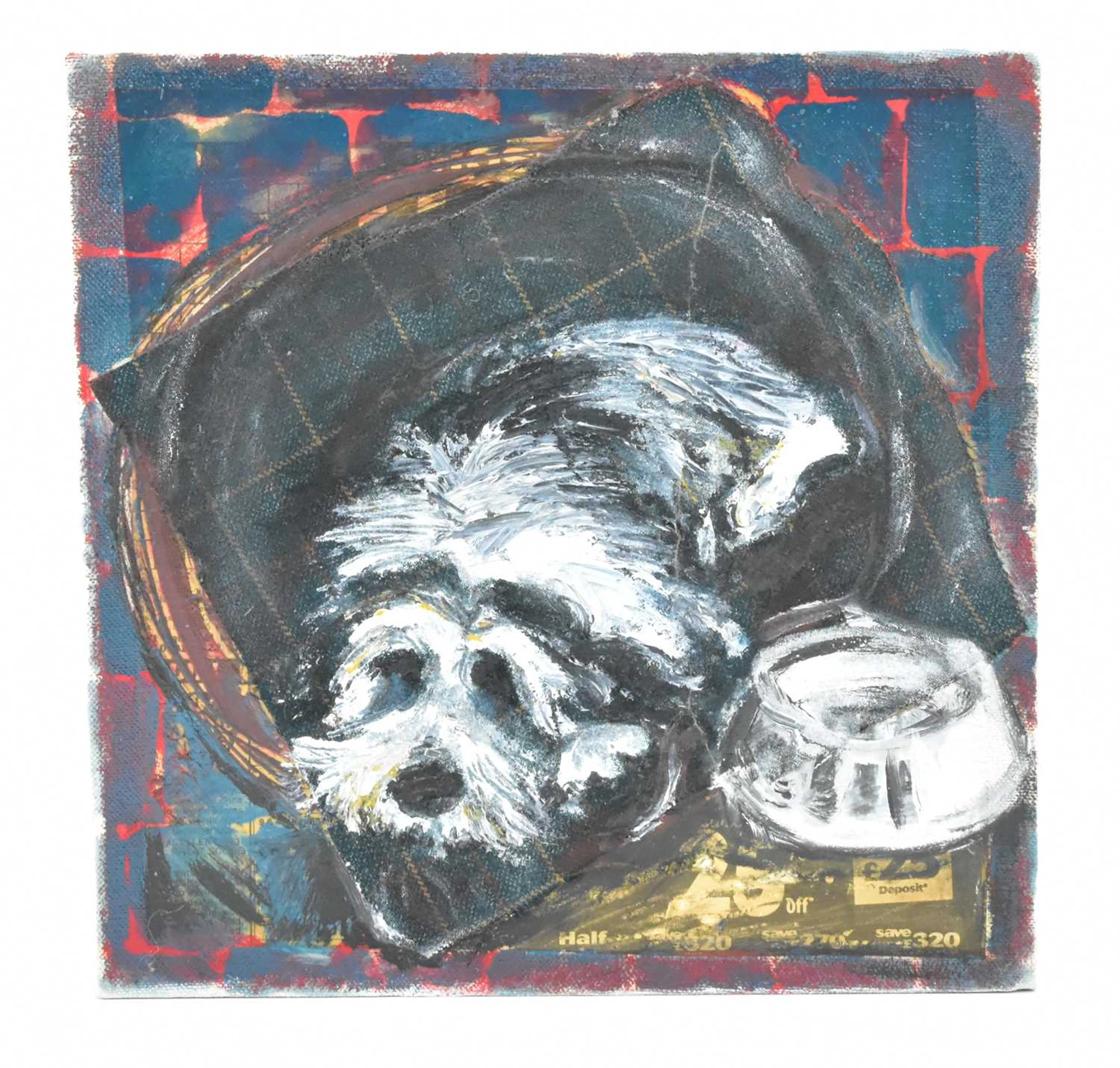 MATT WILDE; a mixed media picture depicting a dog resting by his water bowl