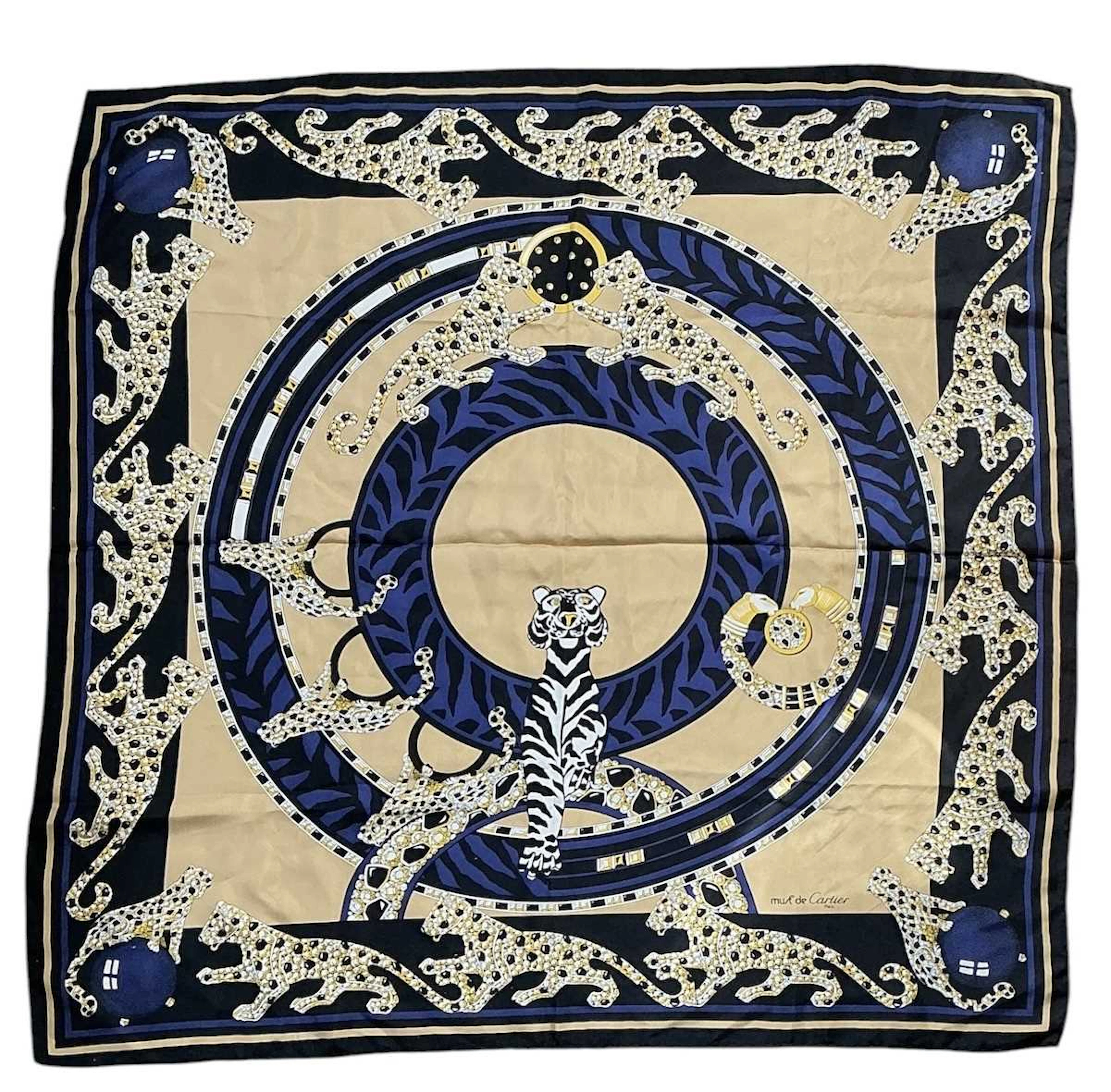 MUST DE CARTIER; a vintage silk scarf featuring central tiger and leopard motif