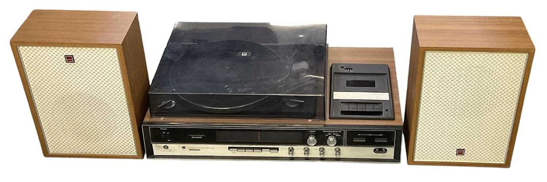SHARP; a mid century teak veneered hi-fi system