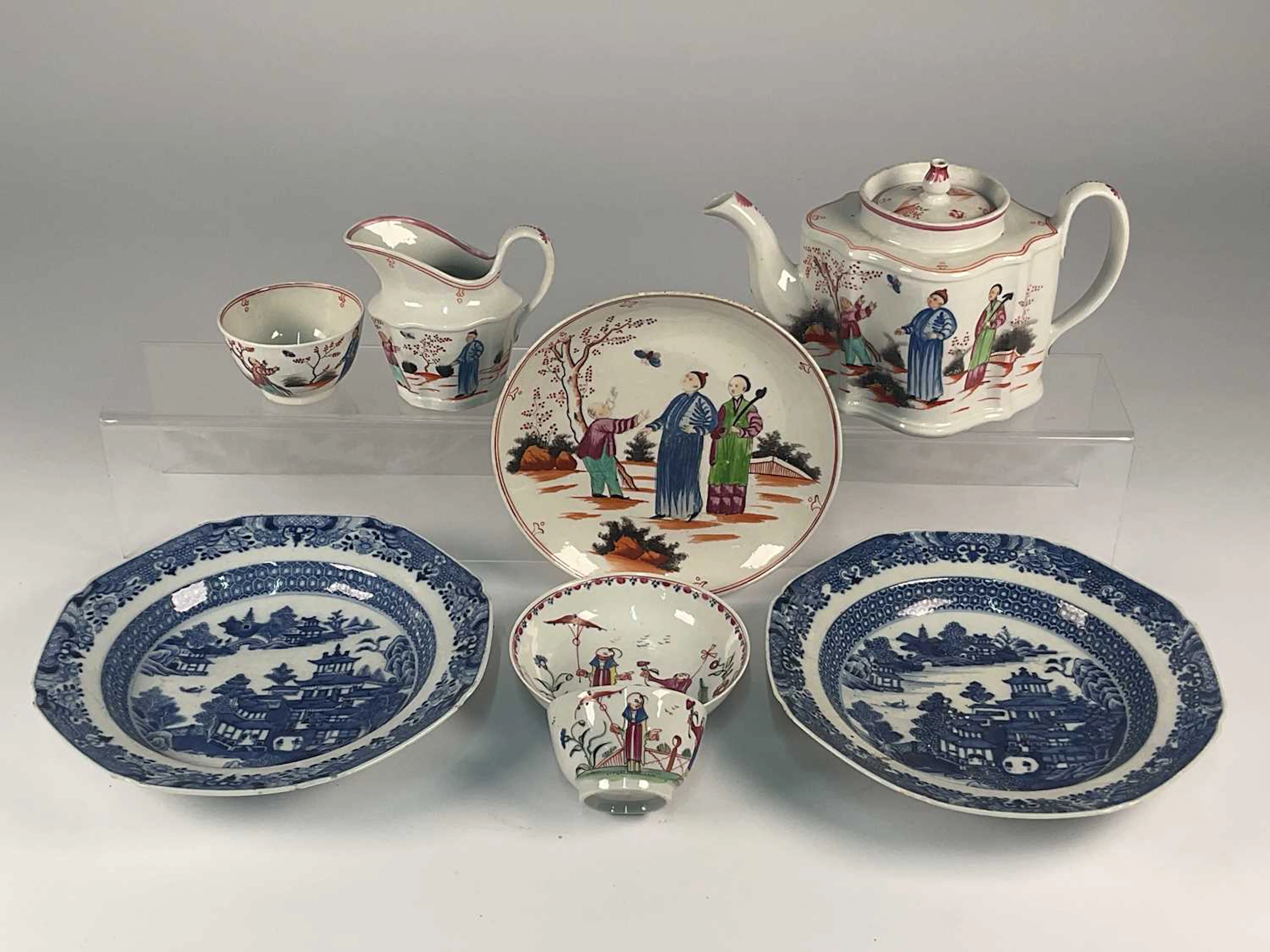 NEW HALL; a porcelain part teaset in the 'Boy and Butterfly' pattern