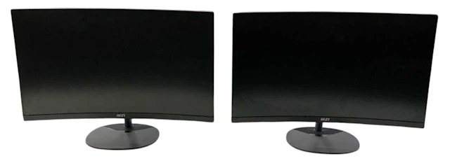 MSI; a pair of curved desktop computer monitor screens