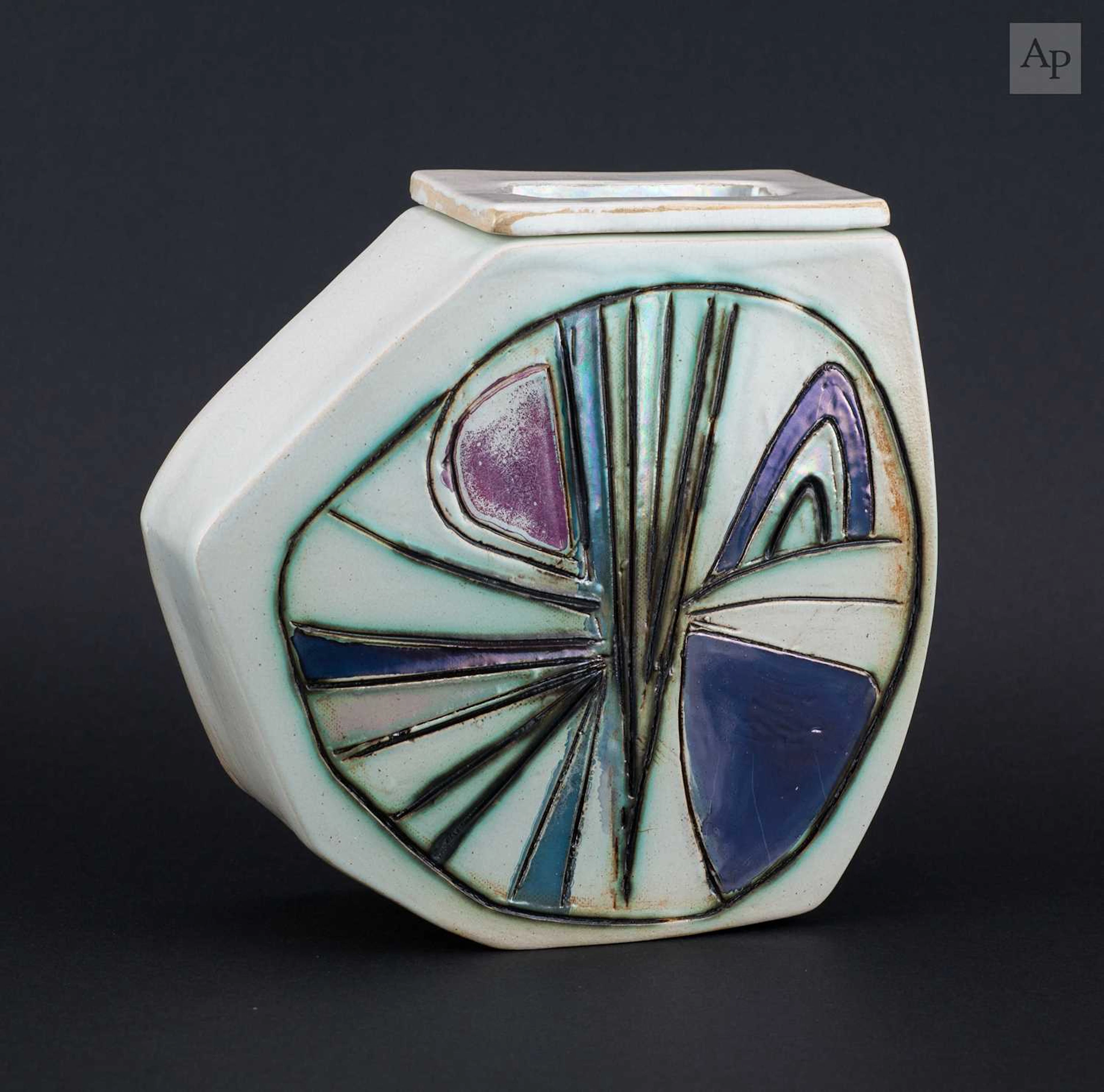 BARBARA WATKINS; an angular stoneware vessel and cover...