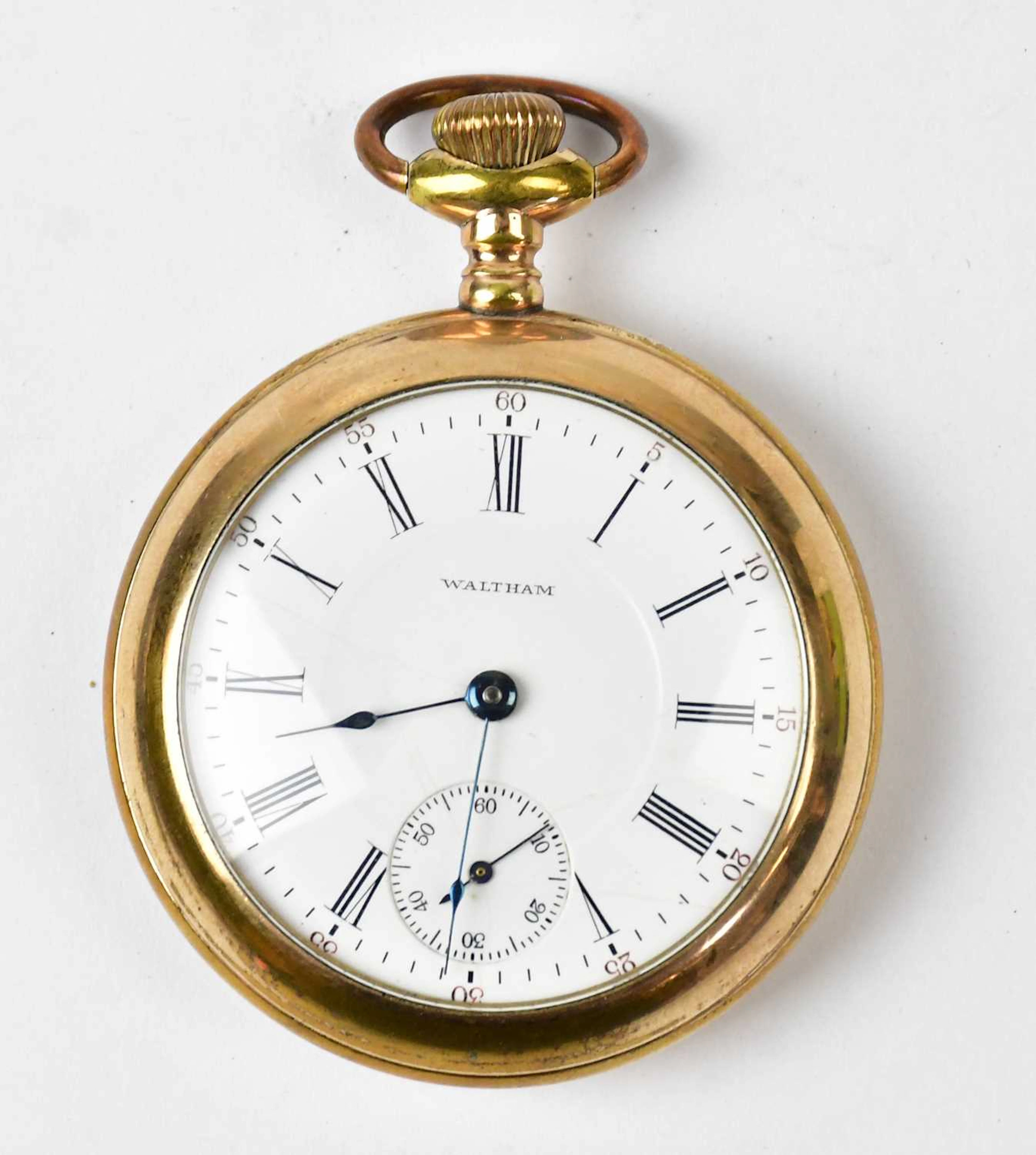 WALTHAM; a gold-plated open face crown wind pocket watch