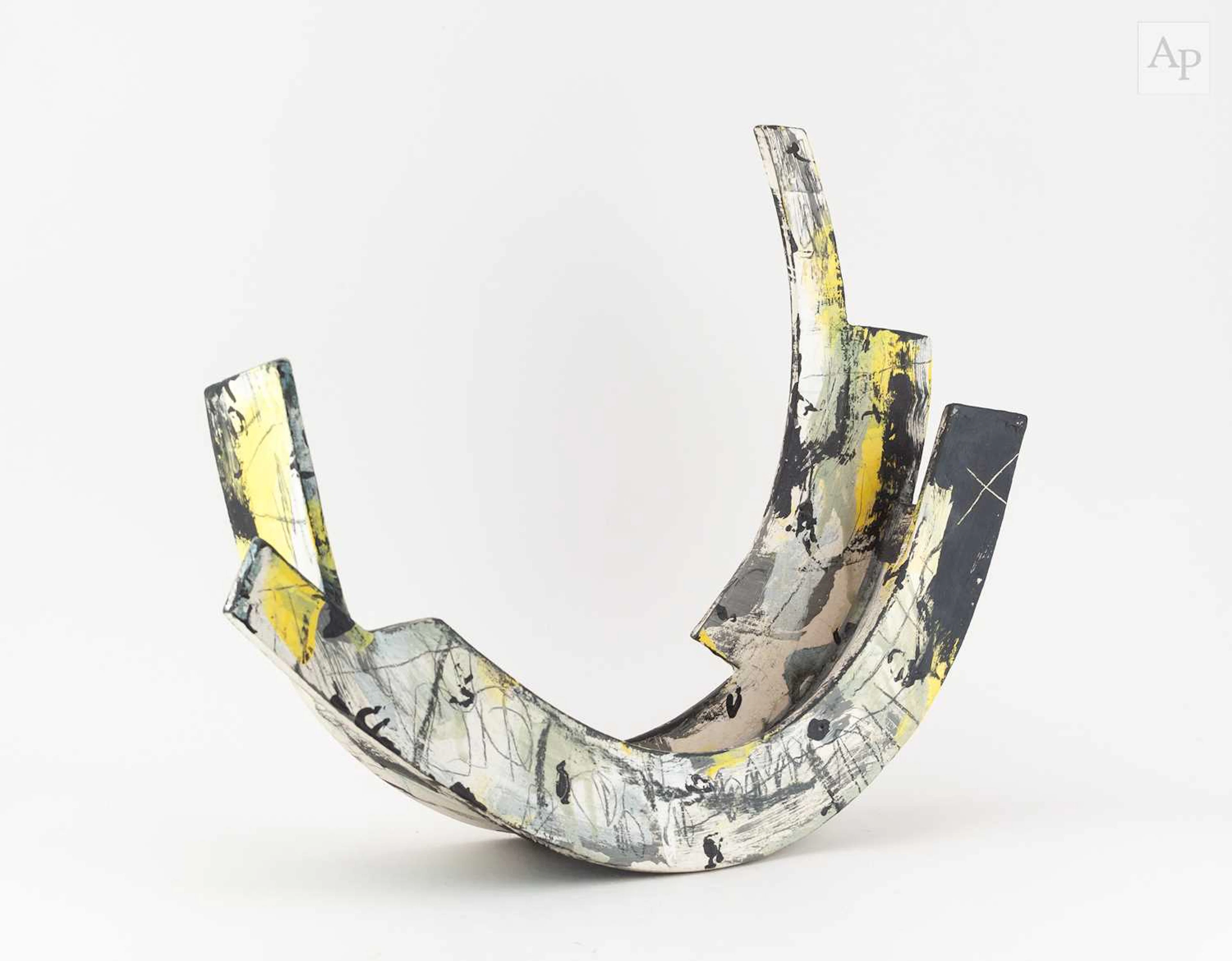 REBECCA APPLEBY (born 1979); a large earthenware curved form covered in yellow