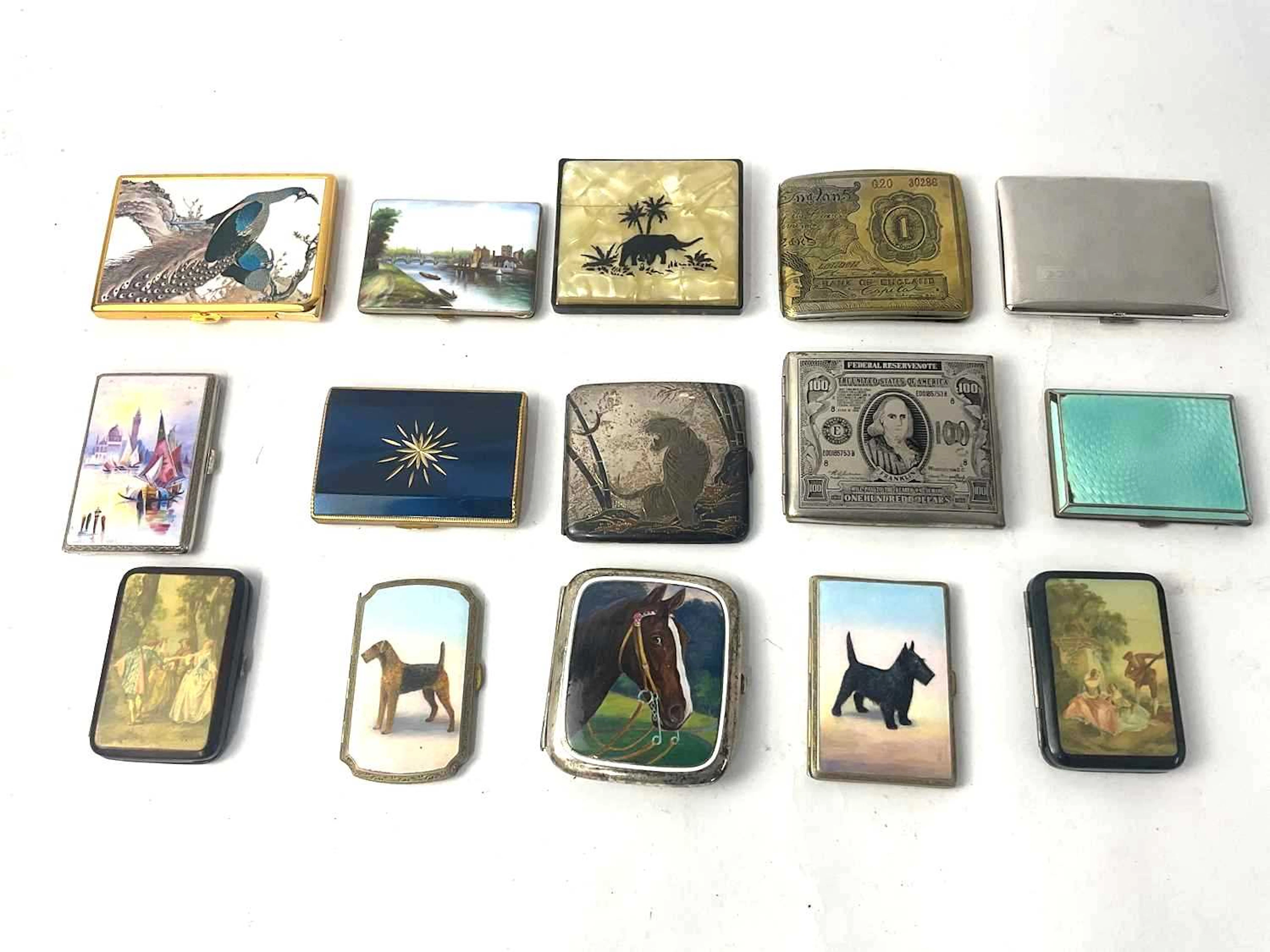 A collection of fifteen plated and metal cigarette cases to include enamel