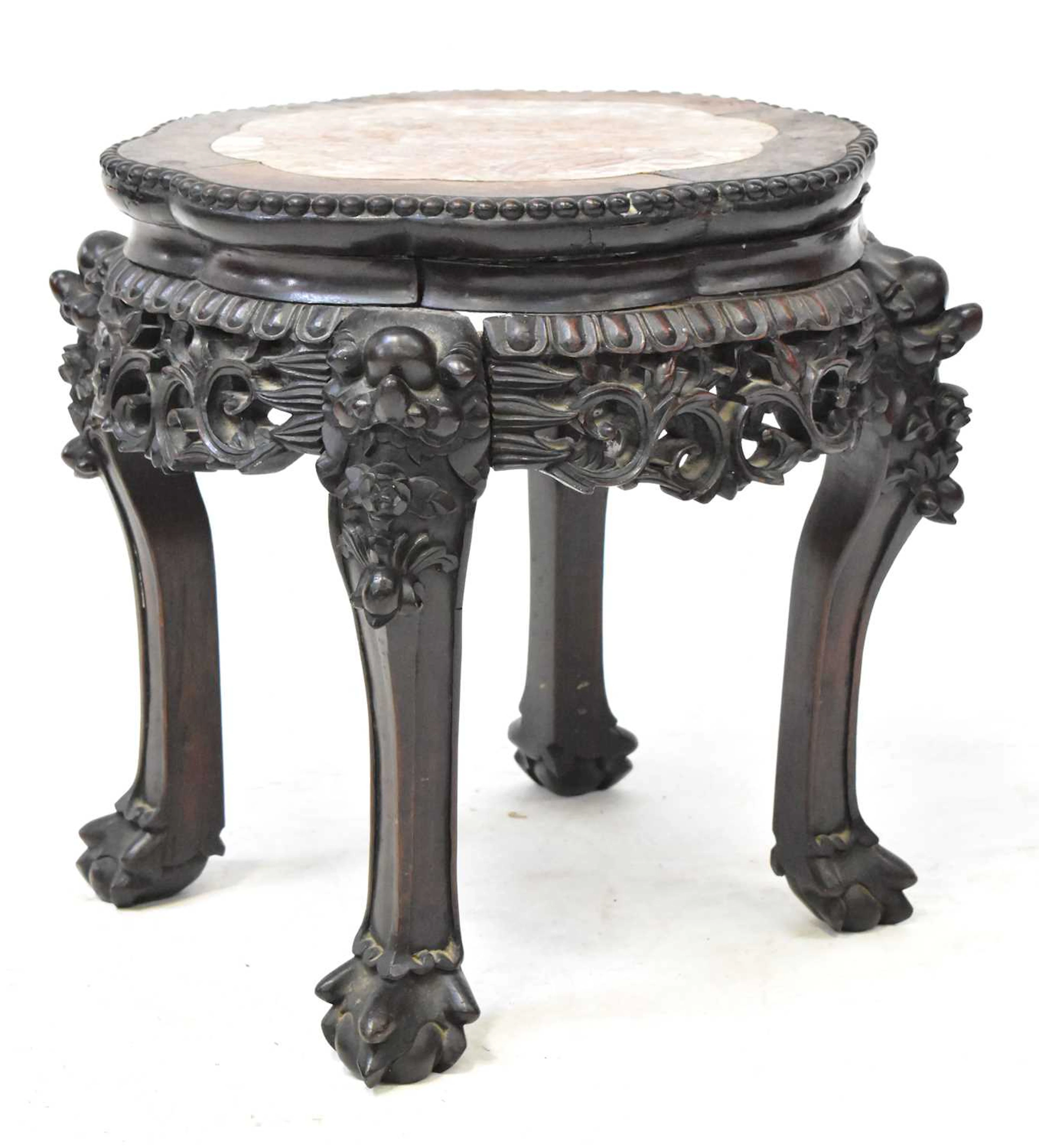 A Chinese rosewood marble-topped jardinière stand