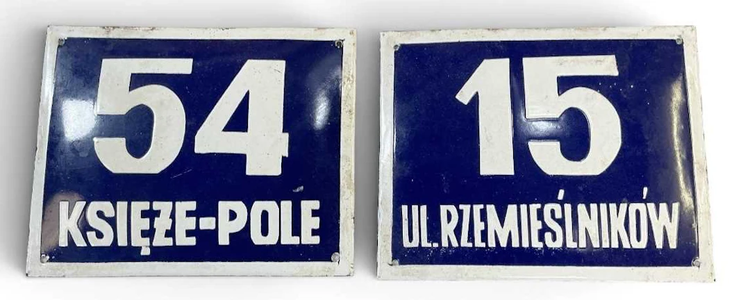 Two vintage Polish blue and white enamelled house number signs