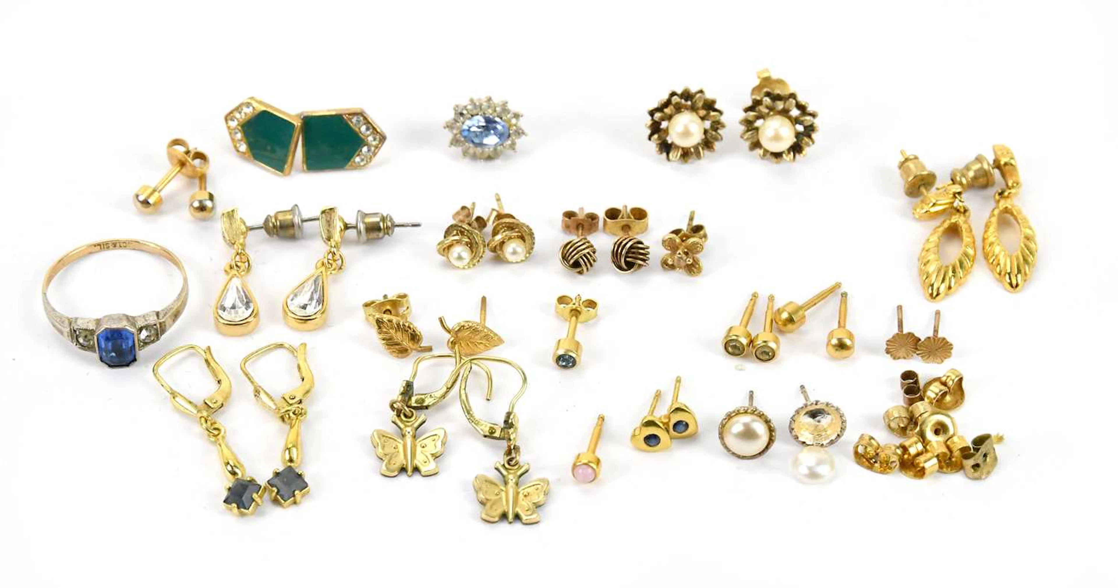 A selection of yellow metal earrings including a pair of 9ct knot examples