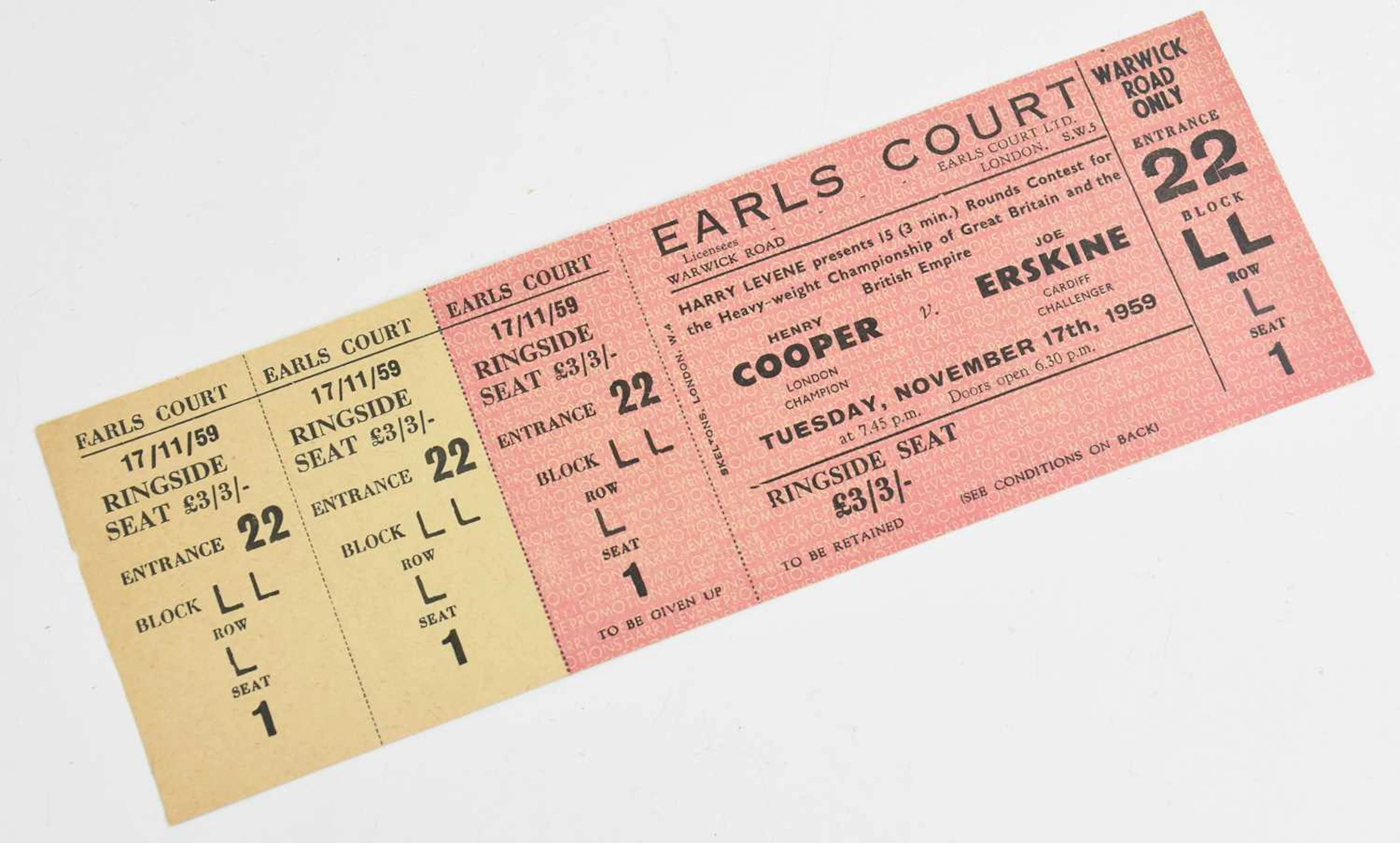 BOXING INTEREST; an original ticket for Henry Cooper vs Joe Erskine